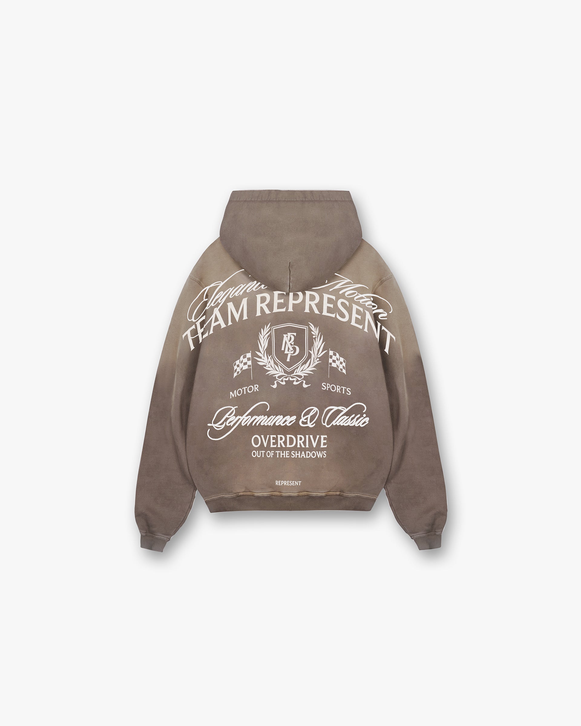Back product image of a mens khaki hoodie on a plain white background | Crest Zip Up Hoodie in Dark Taupe | Heavyweight jersey cotton hoodie | SS25 Hoodies | Represent Clo