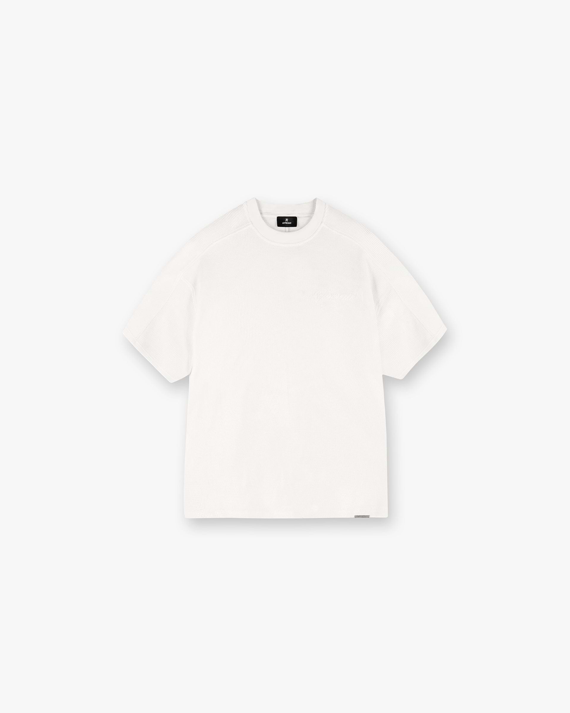 Front product image of a mens white t-shirt on a plain white background | Waffle T-Shirt in Flat White | Cotton t-shirt | SS25 T-Shirts | Represent Clo