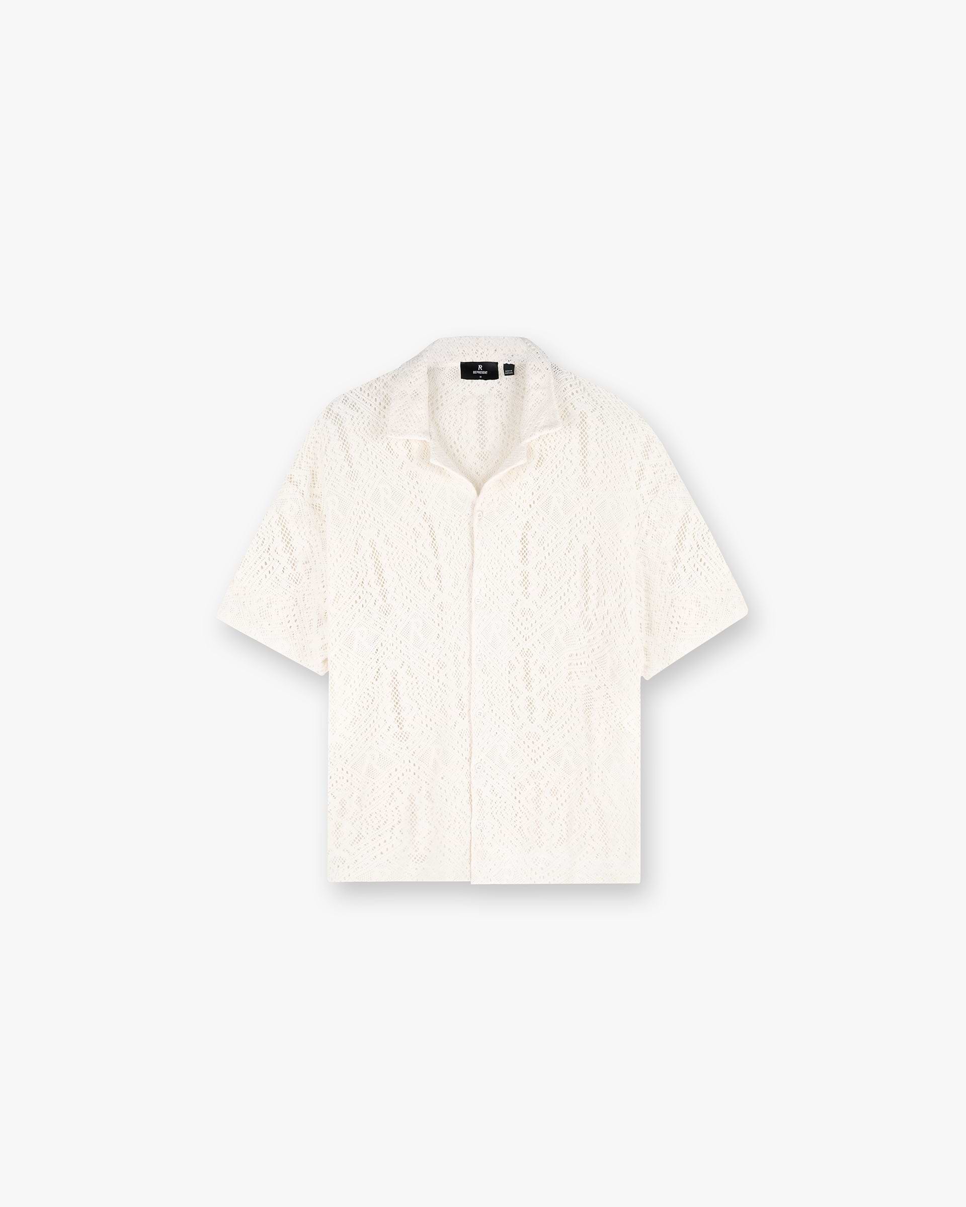 Front product image of a mens off white crochet shirt on a plain white background | All Over Crochet Shirt in Off White | Mohair wool blend knitwear | SS25 Knitwear | Represent Clo
