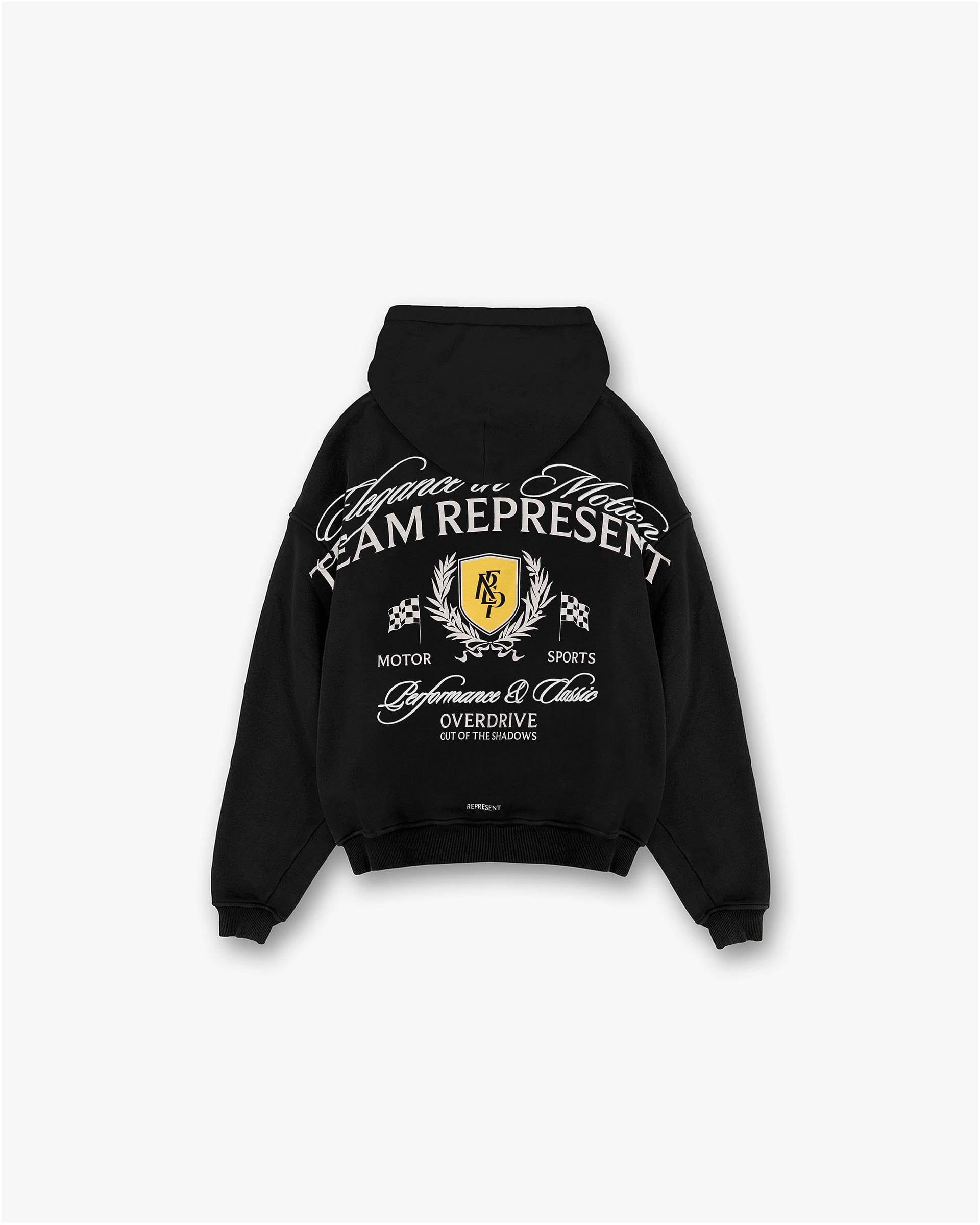 Back product image of a mens black hoodie on a plain white background | Crest Hoodie in Vintage Black | Oversized fit, heavyweight jersey cotton hoodie | SS25 Hoodies | Represent Clo