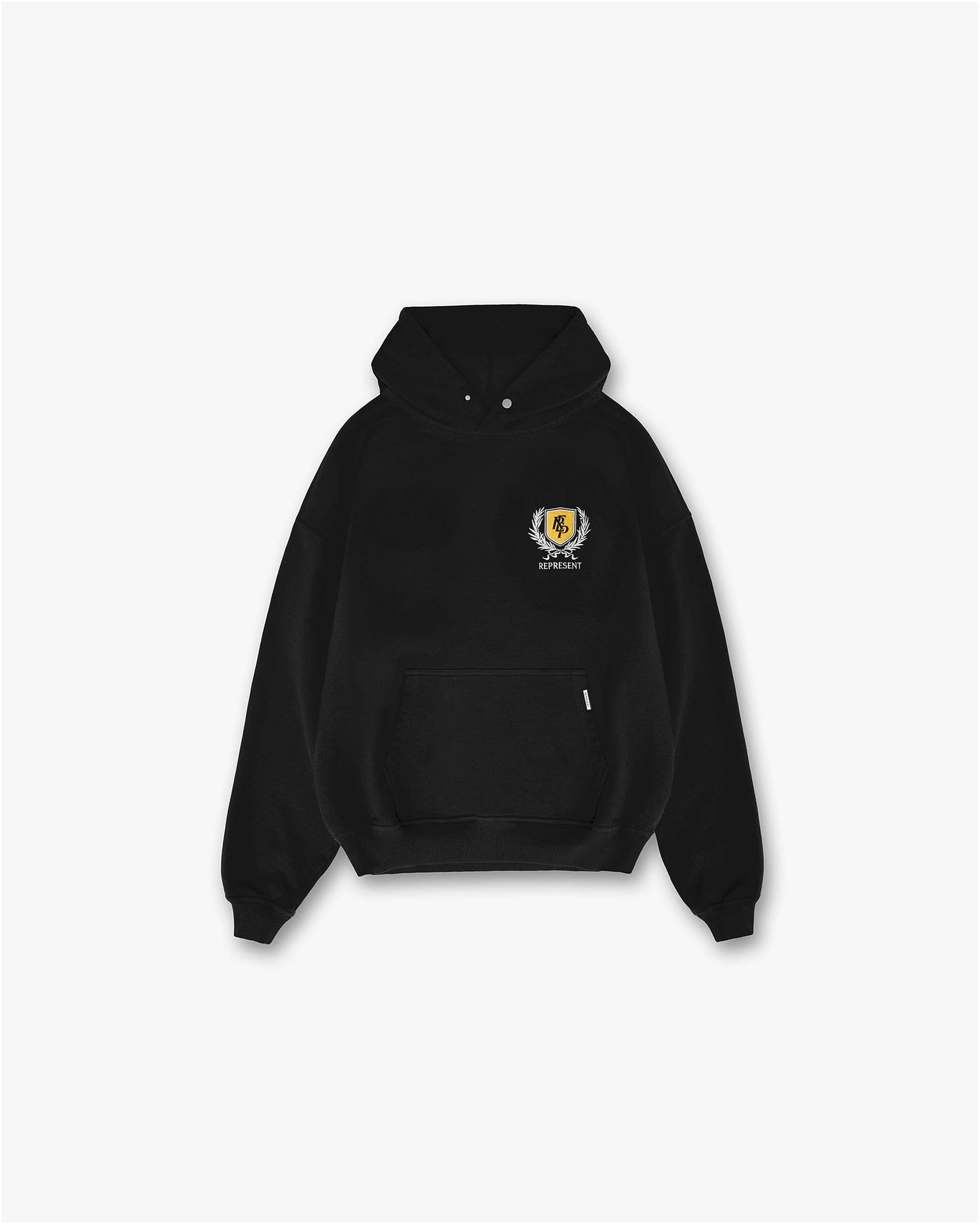 Front product image of a mens black hoodie on a plain white background | Crest Hoodie in Vintage Black | Cotton hoodie with central crest logo | SS25 Hoodies | Represent Clo