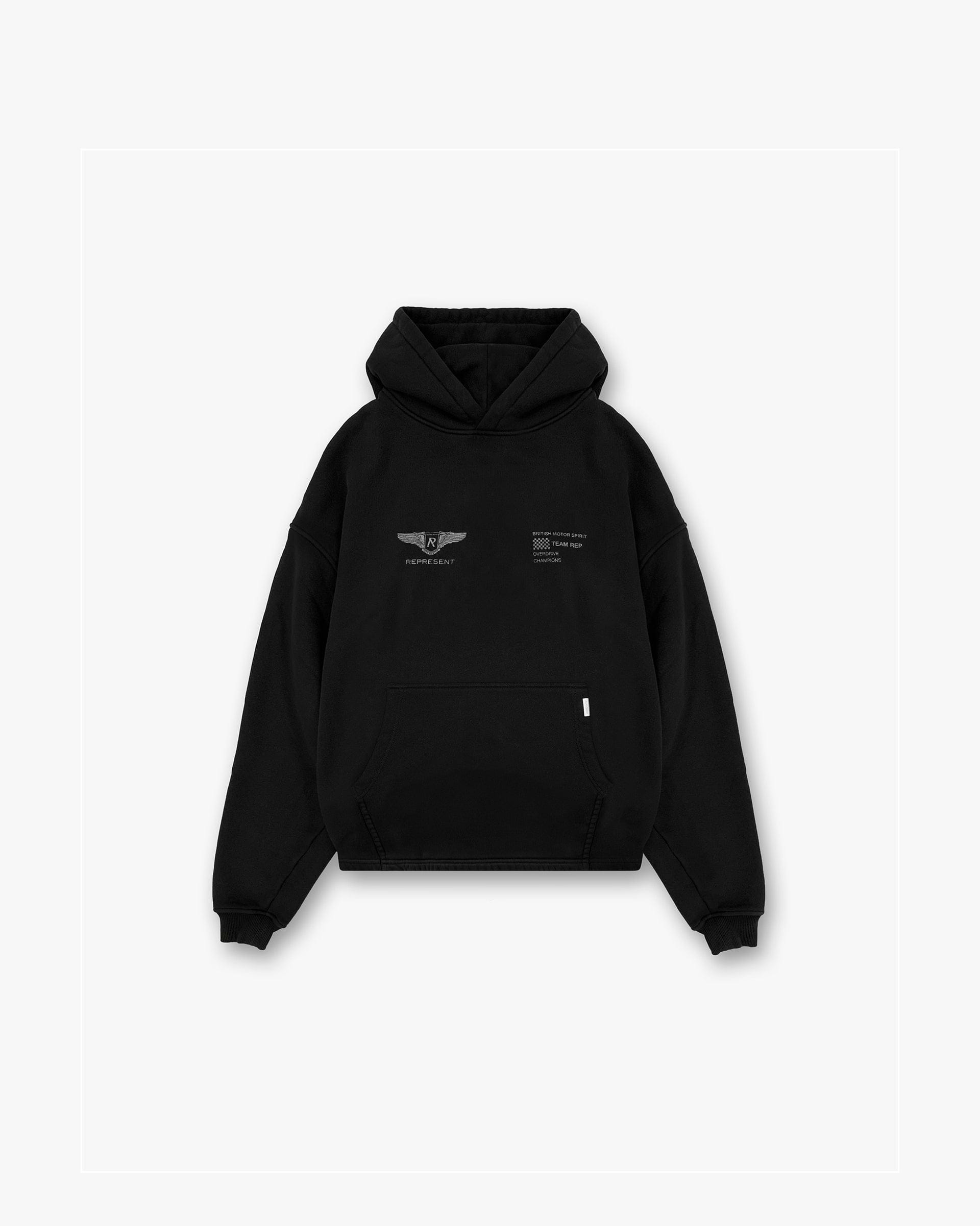 Front product image of a mens black hoodie on a plain white background | Team Rep Hoodie in Black | Leather warm taupe hoodie | SS25 Hoodies | Represent Clo
