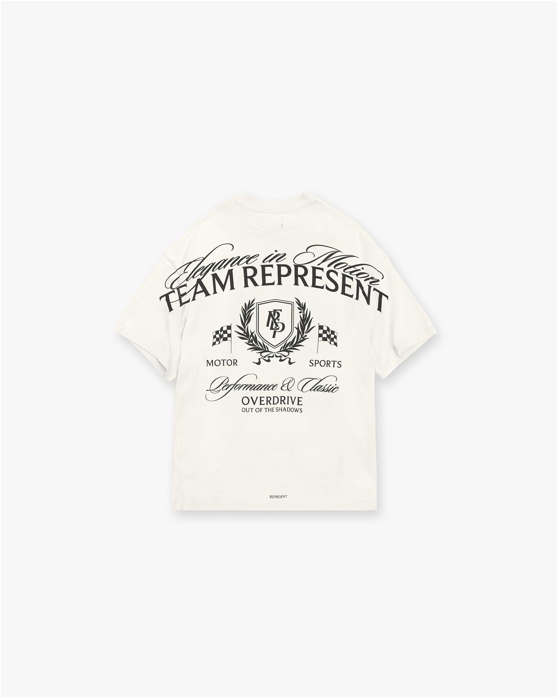 Back product image of a mens white graphic t-shirt on a plain white background | Crest T-Shirt in Flat White | Oversized tee with crest graphic and puff print | SS25 T-Shirts | Represent Clo