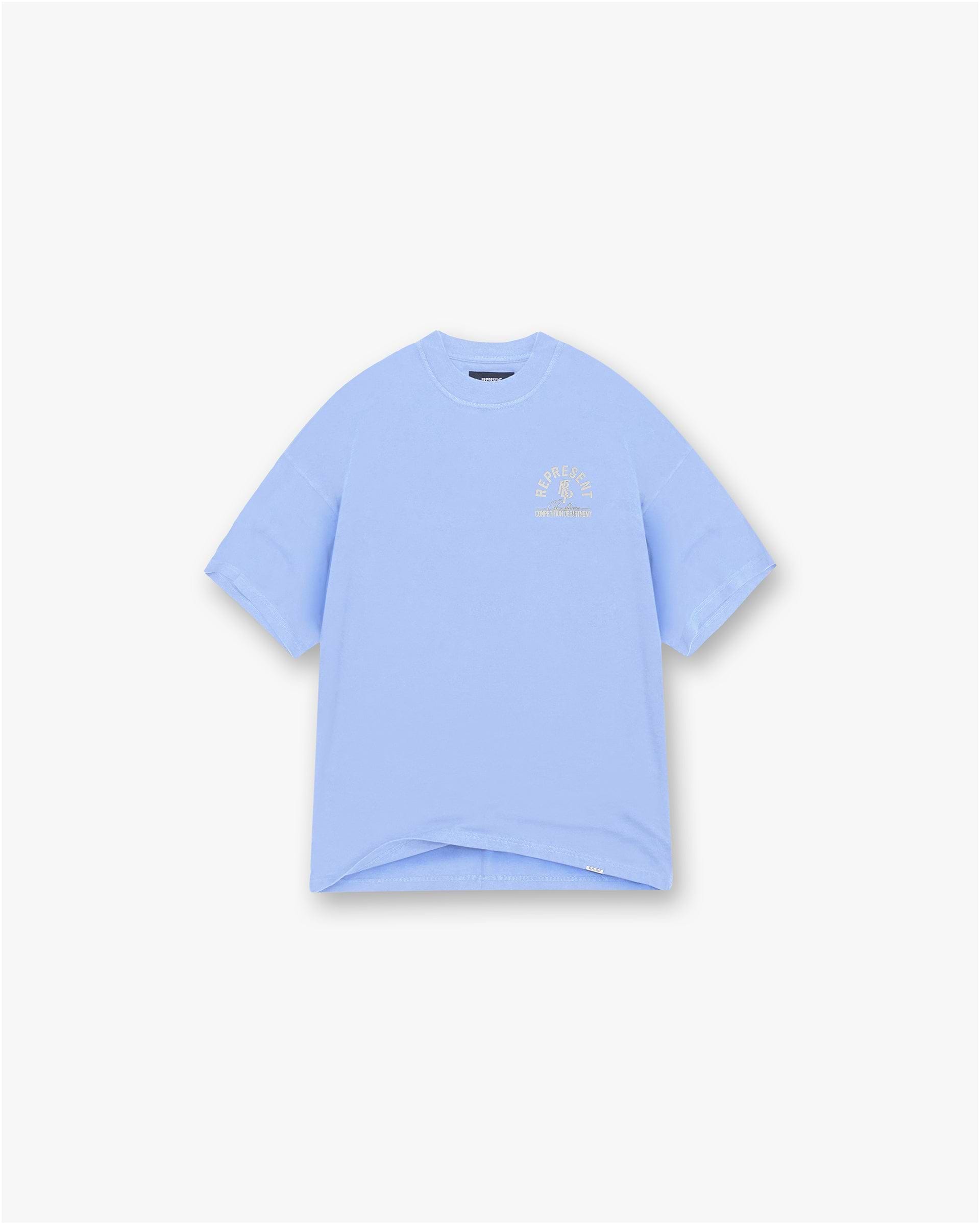 Front product image of a mens bright blue t-shirt on a plain white background | Competition Department T-Shirt in Bright Blue | Soft t-shirt with logo details | SS25 T-Shirts | Represent Clo
