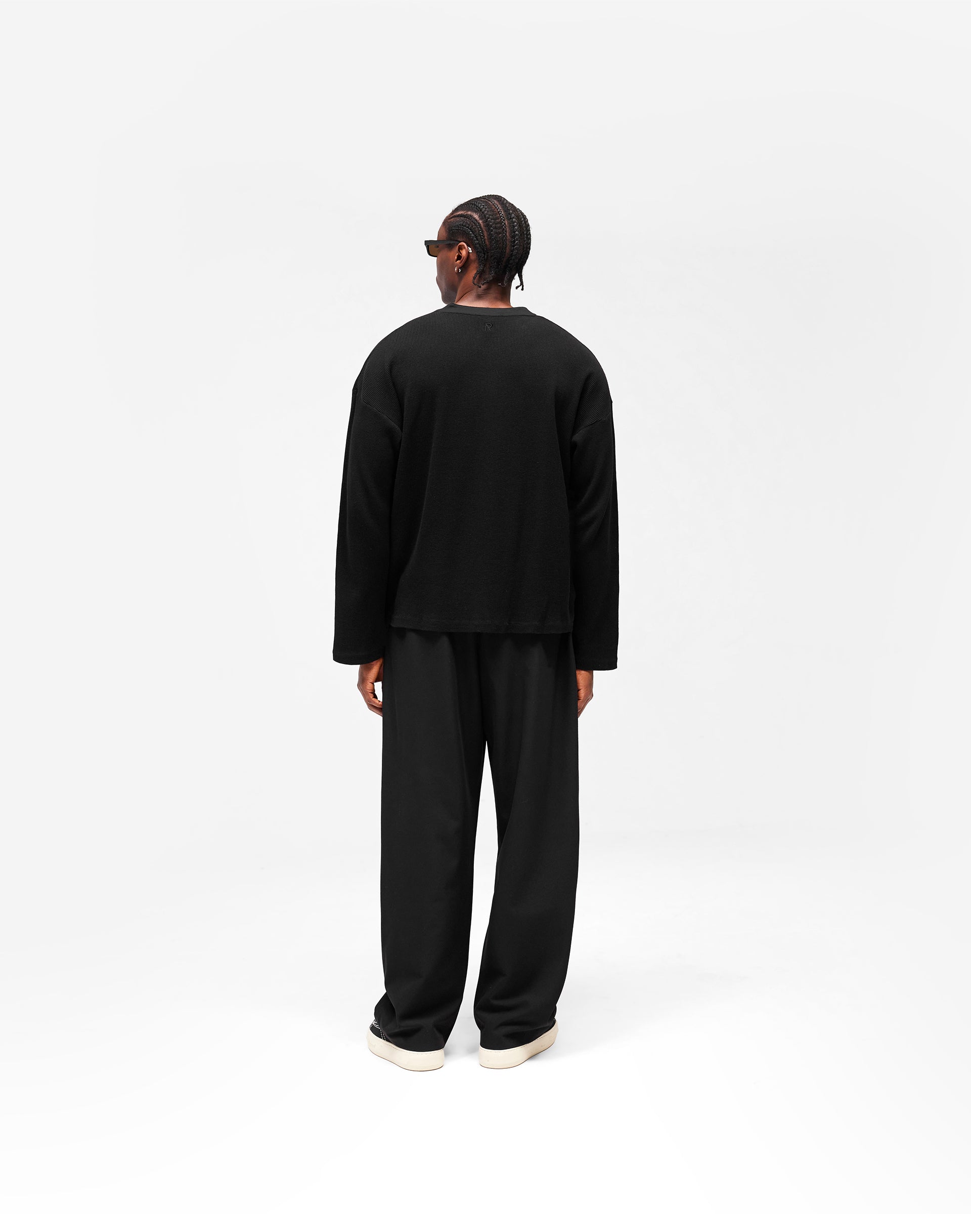 Initial Henley Waffle Long Sleeve T-Shirt - Jet Black