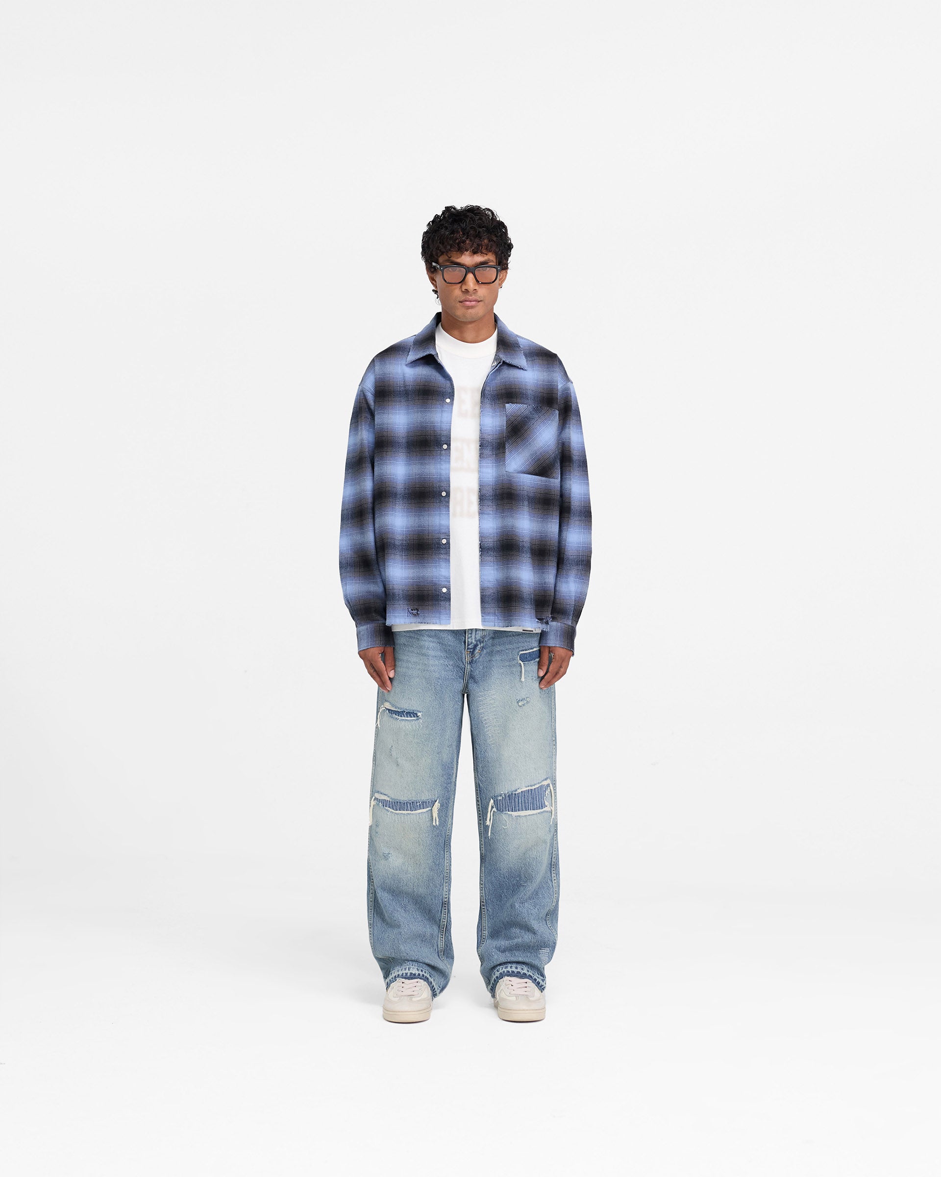 Represent X End Distressed Flannel Shirt - Blue