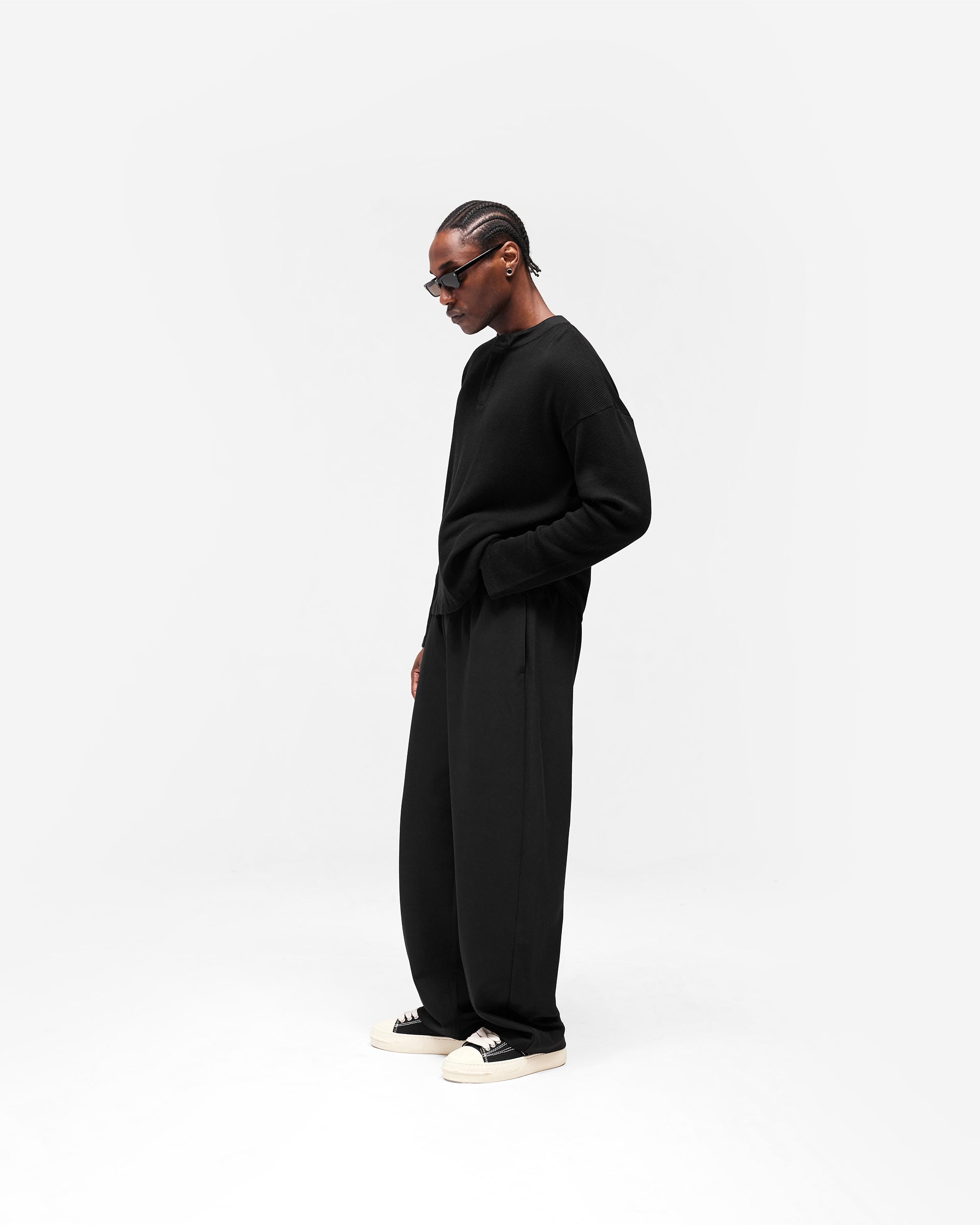 Initial Henley Waffle Long Sleeve T-Shirt - Jet Black