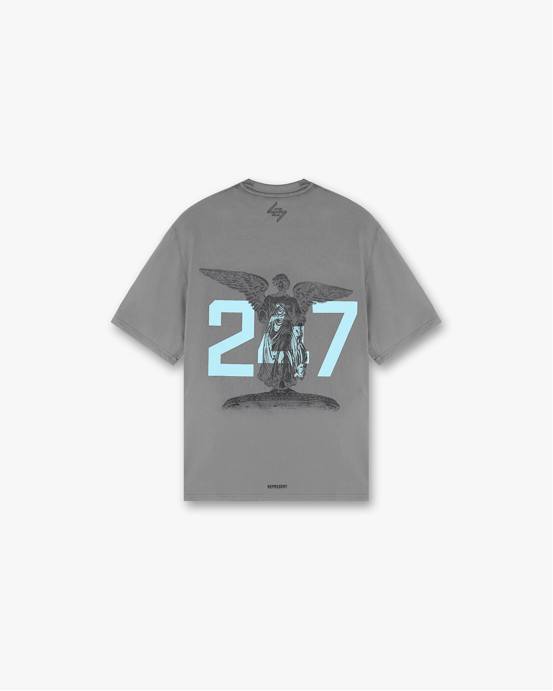 Back product image of a mens grey t-shirt on a plain white background | 247 New York T-Shirt in Smoke | T-shirt with 'Angel of the Waters' graphic | 247 T-Shirts | Represent Clo