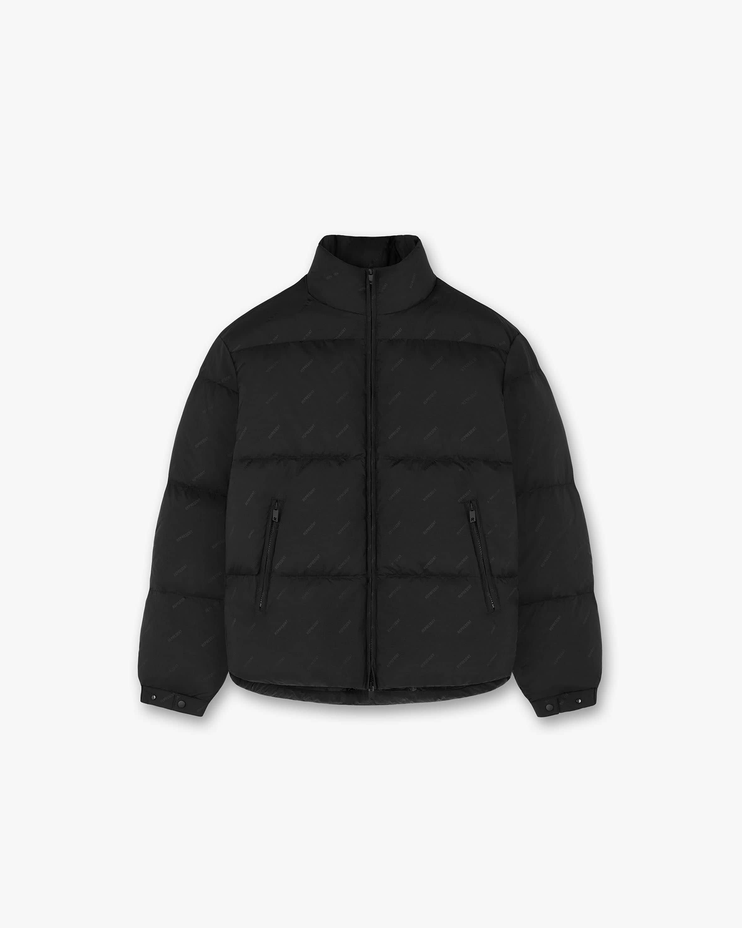 All Over Logo Puffer Jacket Black Outerwear REPRESENT CLO