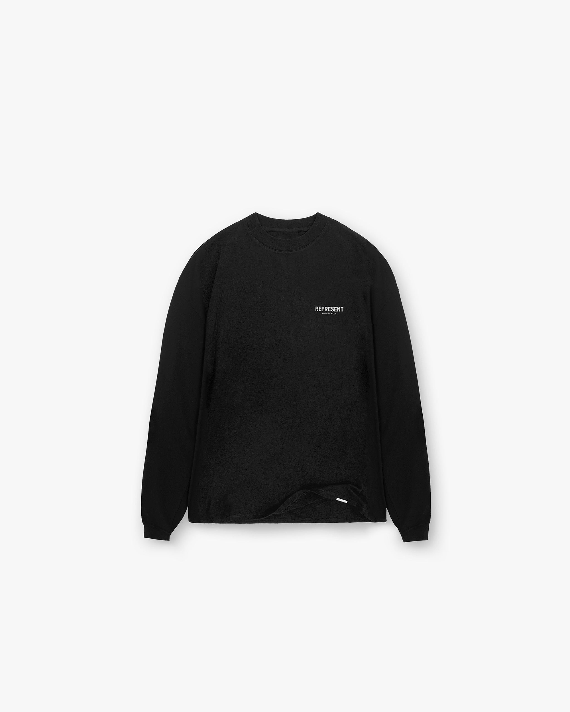 Back product image of a mens black long sleeve t shirt on a plain white background | Represent Owners Club Long Sleeve T-Shirt in Black | Oversized fit with Owners’ Club branding | Owners Club T-Shirts | Represent Clo