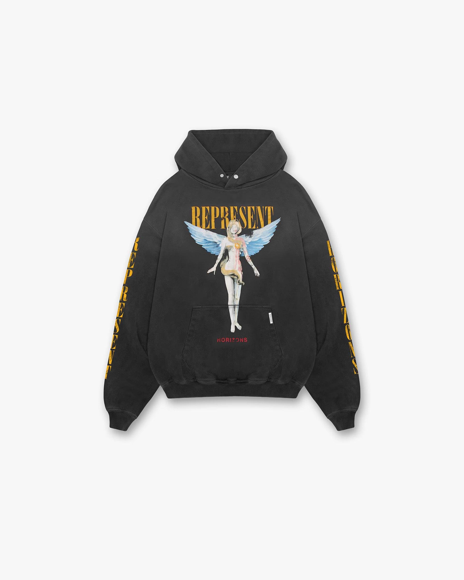 Front product image of a mens black hoodie on a plain white background | Reborn Hoodie in Aged Black | Cotton hoodie with a popper front closure | SS24 Hoodies | Represent Clo