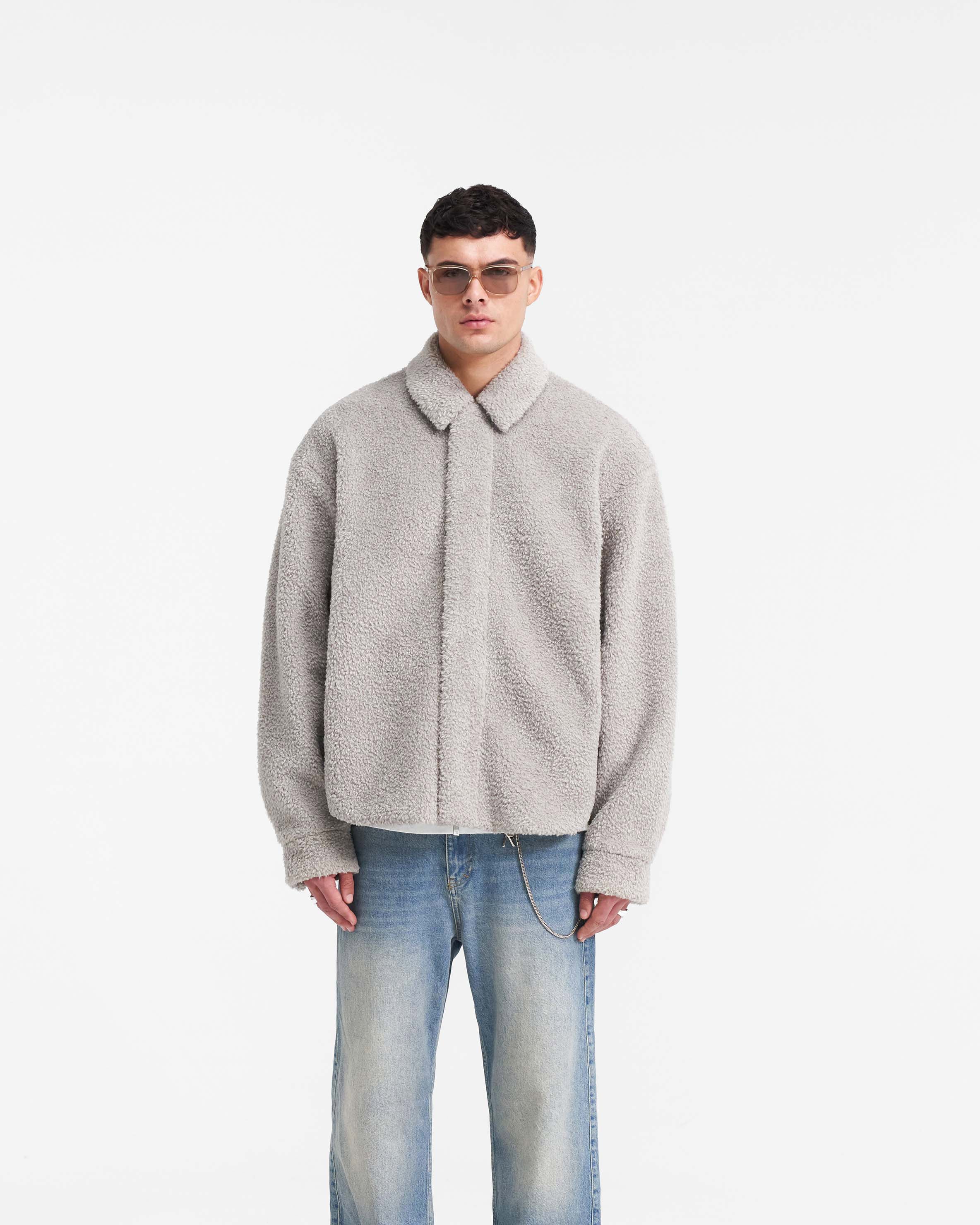 Shearling Scoop Hem Shirt - Ice Grey