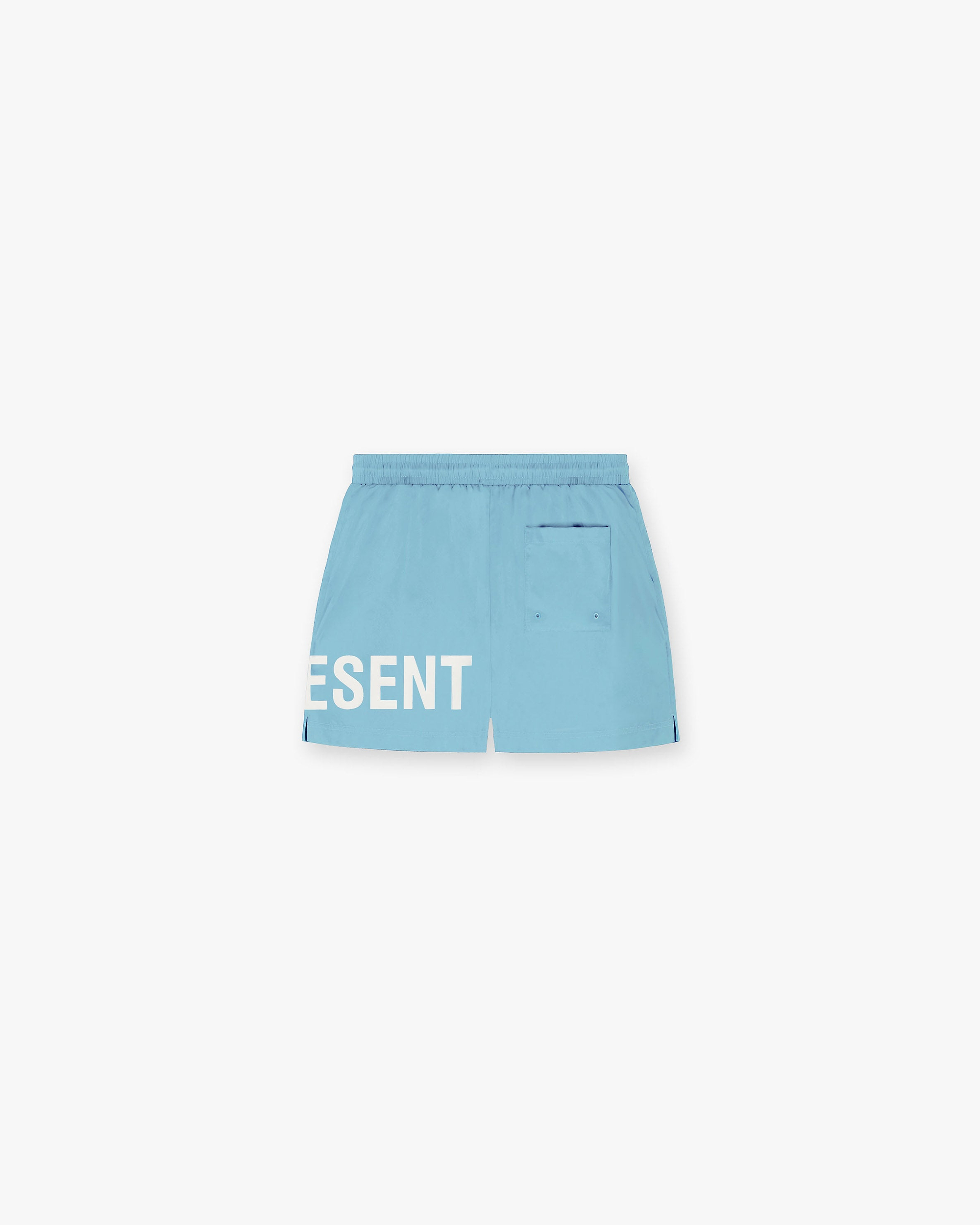 Back product image of mens blue swim shorts on a plain white background | Represent Swim Shorts in Powder Blue | Swim shorts with large logo print | Flow Shorts | Represent Clo