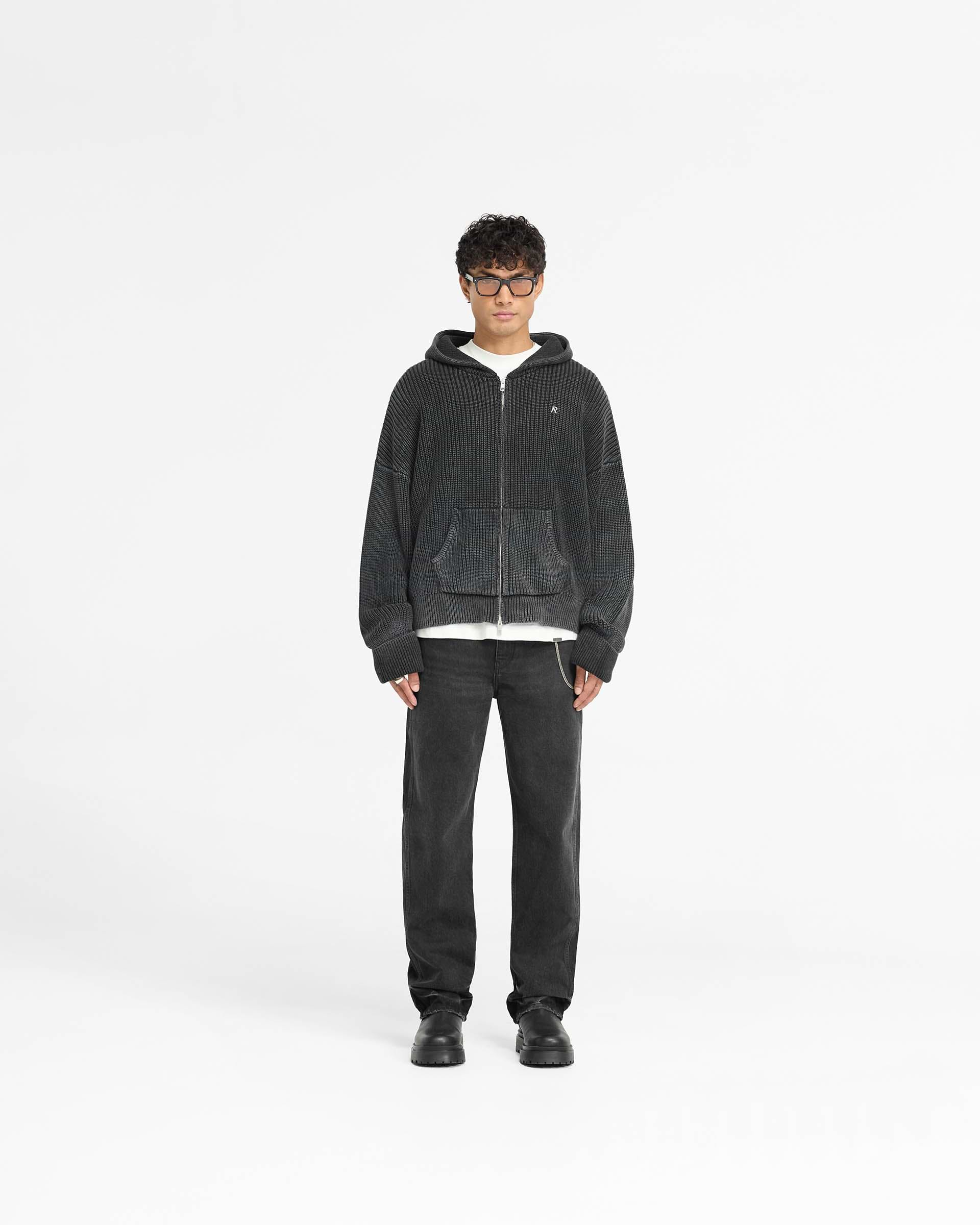 Ribbed Zip Through Hoodie - Jet Black