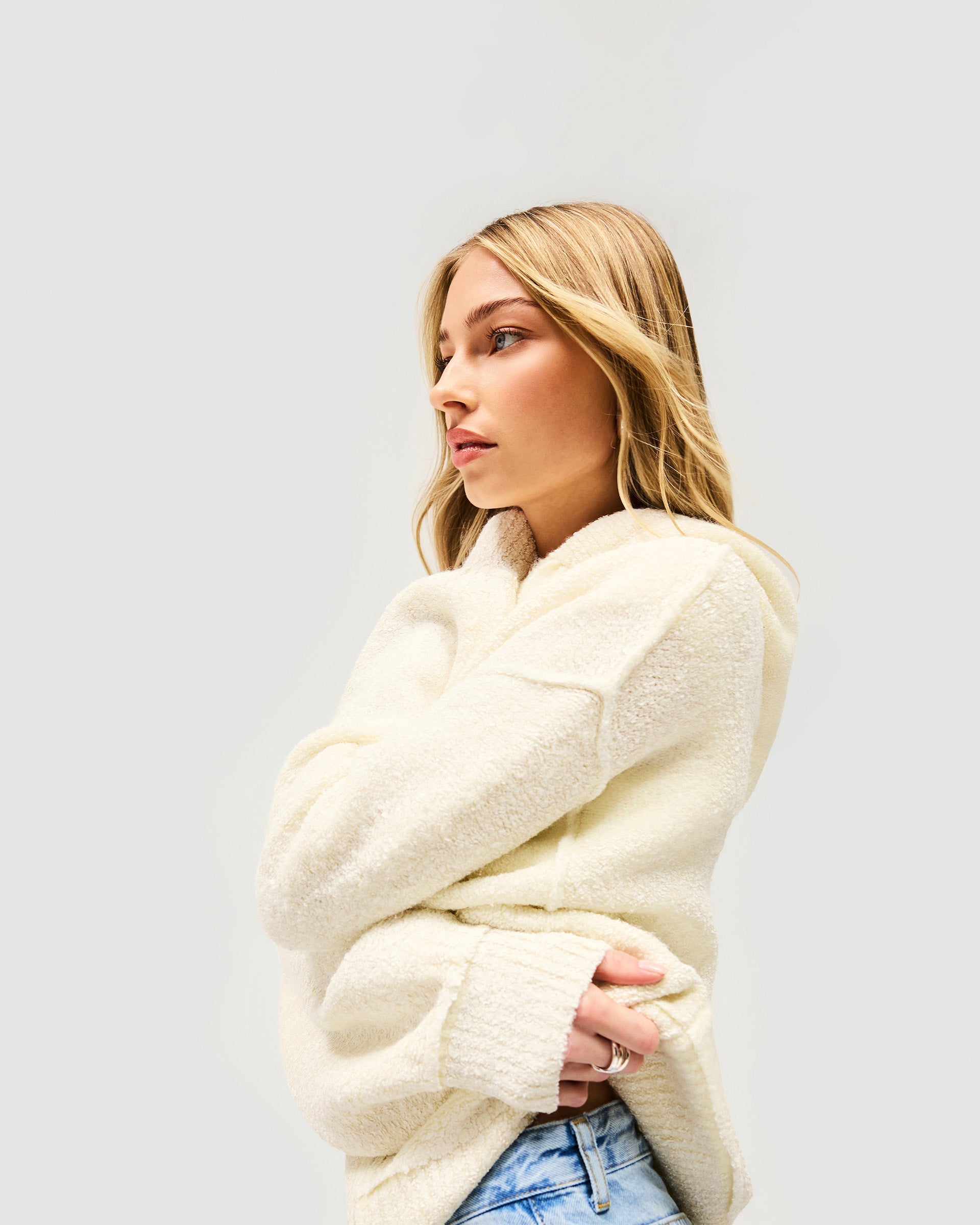 Back product image of a womens white knitted hoodie on a plain white background | Whip Hoodie in Antique White | Knitted hoodie with zipper and screenprint detail | Womens SS25 Knitwear | Represent Clo