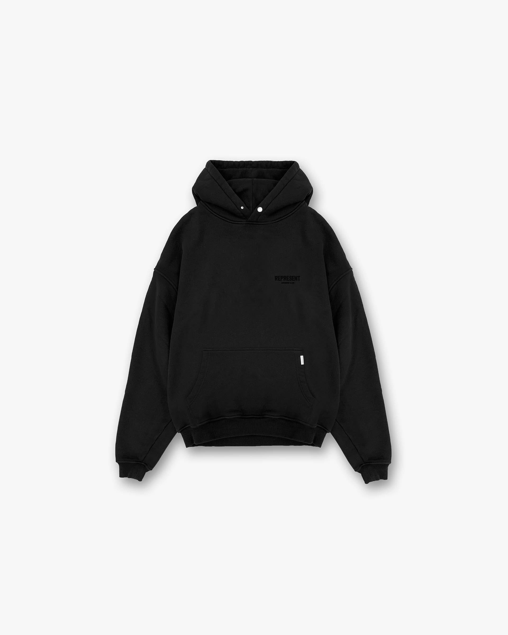 Back product image of a mens black hoodie on a plain white background | Represent Owners Club Flocked Hoodie in Black | Hoodie with tonal flocking print and ribbed trims | Owners Club Hoodies | Represent Clo