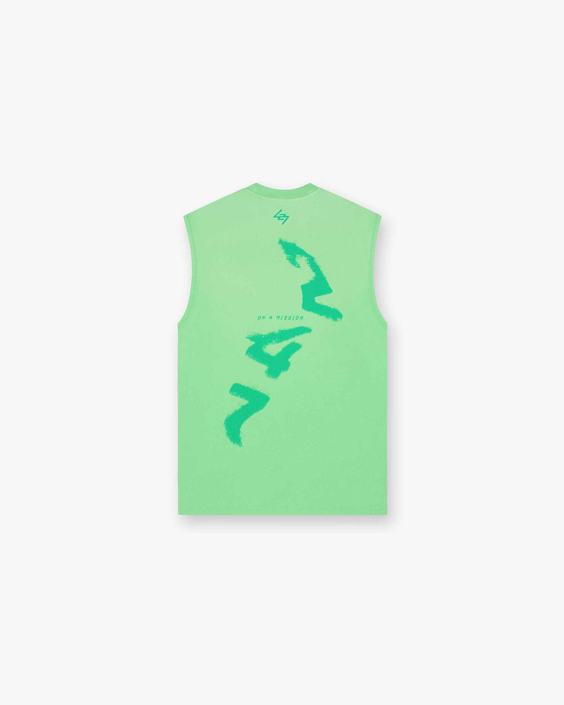 Front product image of a mens green tank top on a plain white background | 247 Motion Oversized Tank in Speed Green | Oversized tank with vintage 247 typography and spartan graphic | 247 T-Shirts | Represent Clo