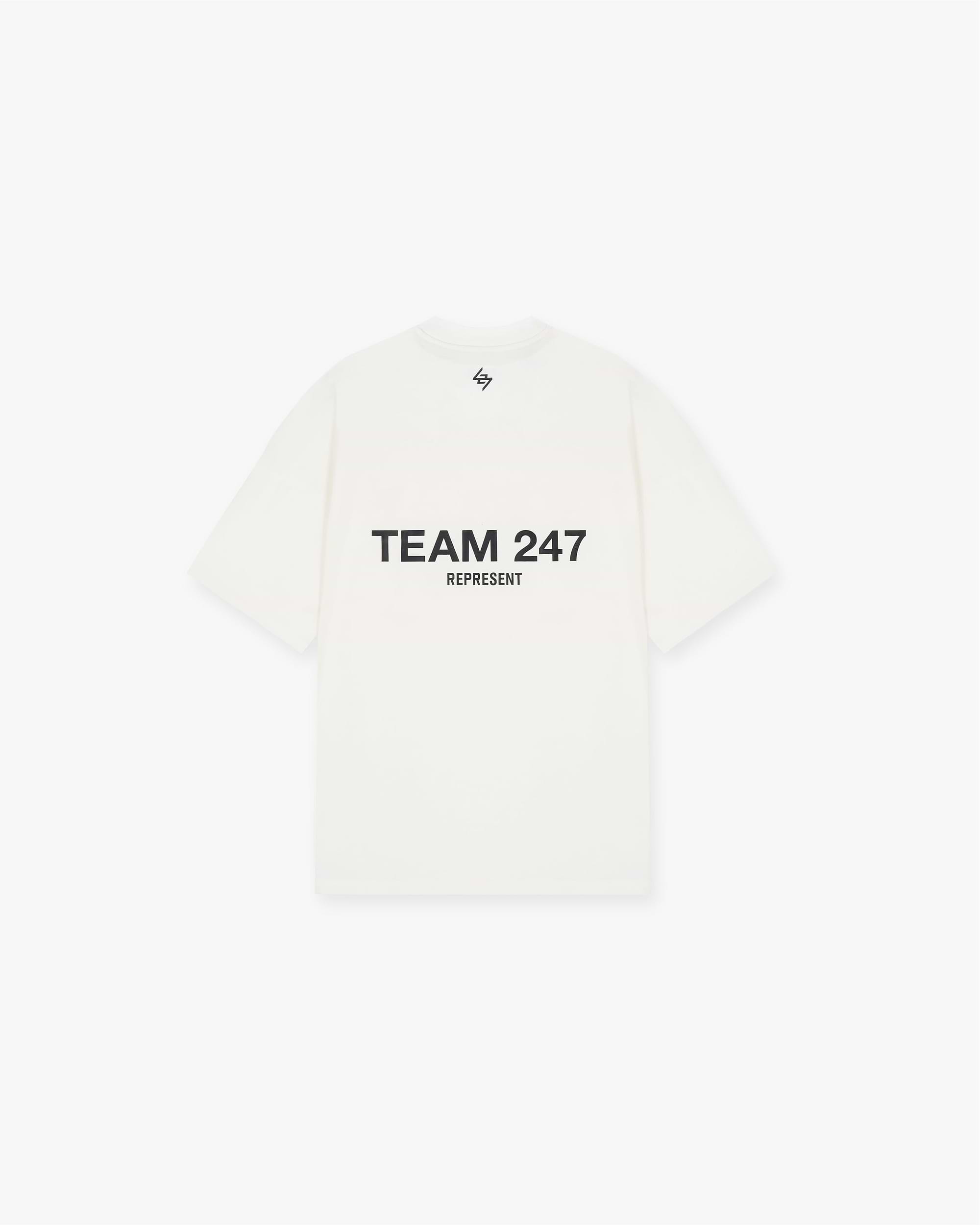 Back product image of a mens white t-shirt on a plain white background | Team 247 Oversized T-Shirt in Flat White | Oversized gym t-shirt with high build branding | 247 T-Shirts | Represent Clo