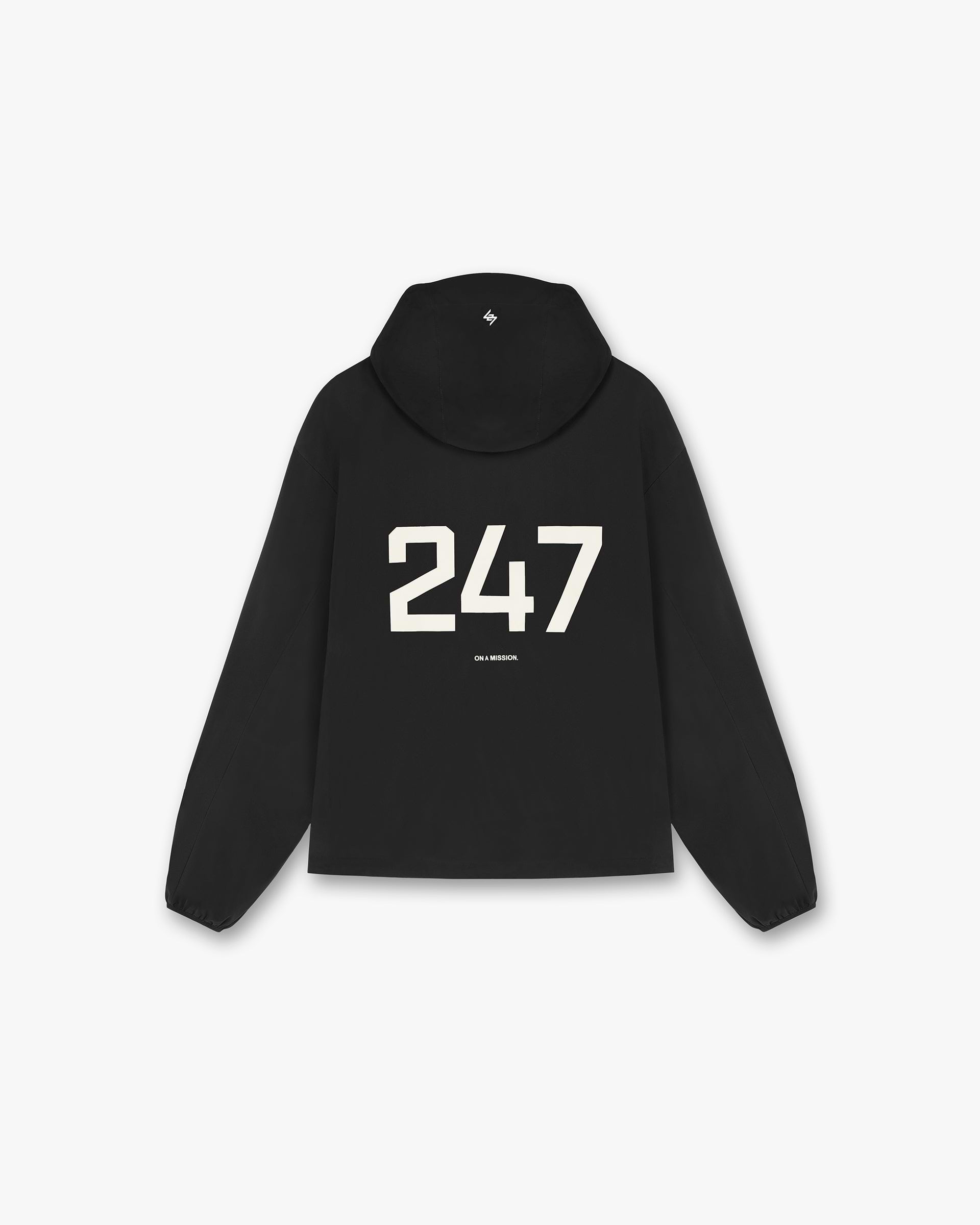Back product image of a mens black jacket on a plain white background | 247 Hooded Training Jacket in Jet Black | Nylon jacket with DWR coating | 247 Outerwear | Represent Clo