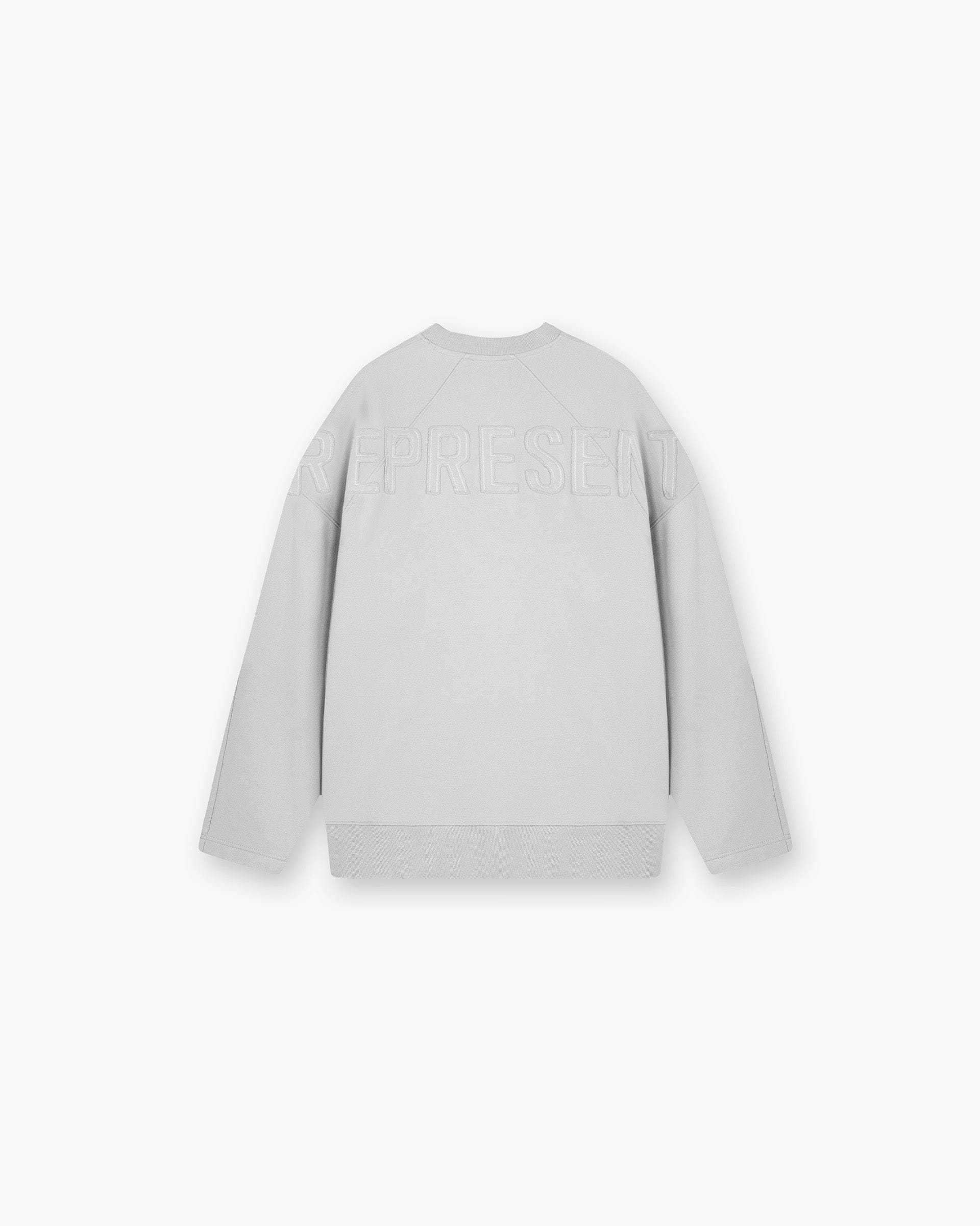 Back product image of a womens light grey sweater on a plain white background | Epic Raglan Sweater in Light Grey | Sweater with raglan sleeve and raw edge embroidery | Womens SS25 Sweaters | Represent Clo
