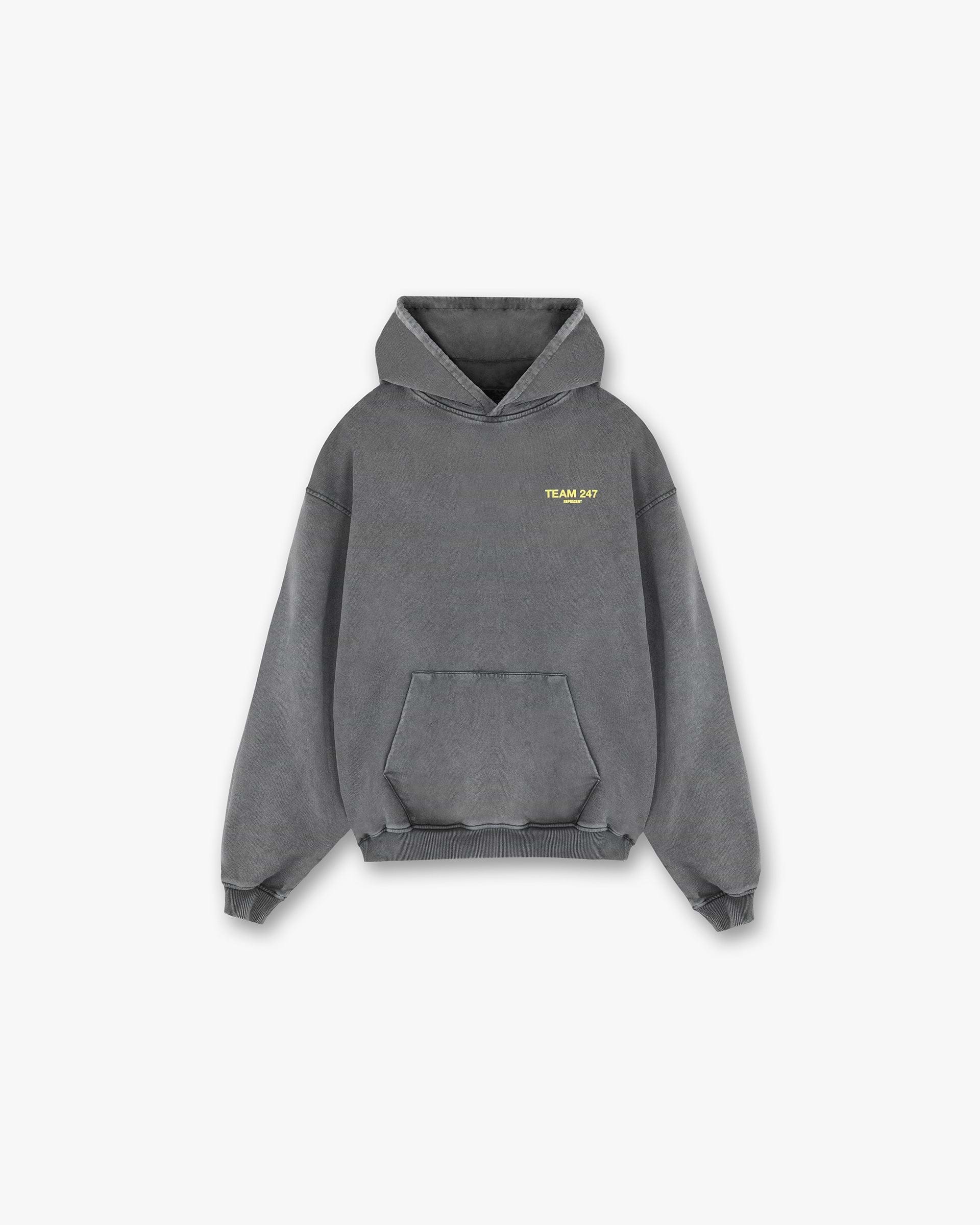 Front product image of a mens grey hoodie on a plain white background | Team 247 Oversized Hoodie in Pewter Lemon | Oversized hoodie with Team 247 branding | 247 Hoodies | Represent Clo