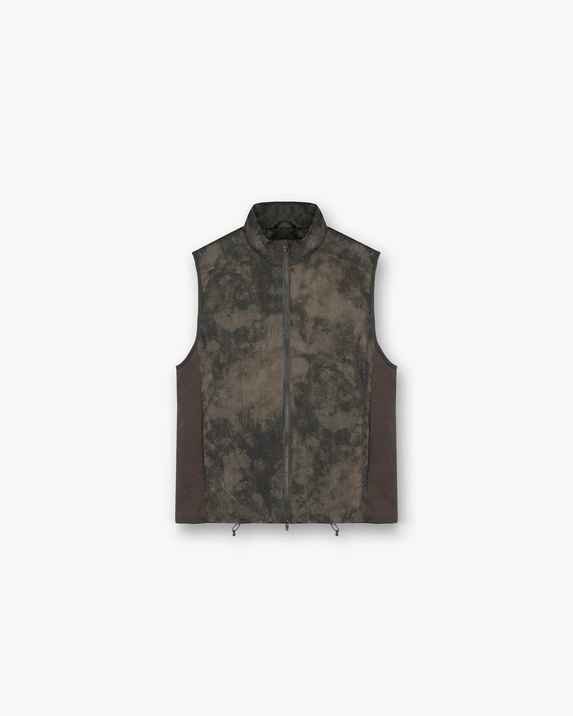 Front product image of a mens green gilet on a plain white background | Team 247 Insulated Gilet in Terrain | Insulated gilet with applique detailing | 247 Outerwear | Represent Clo