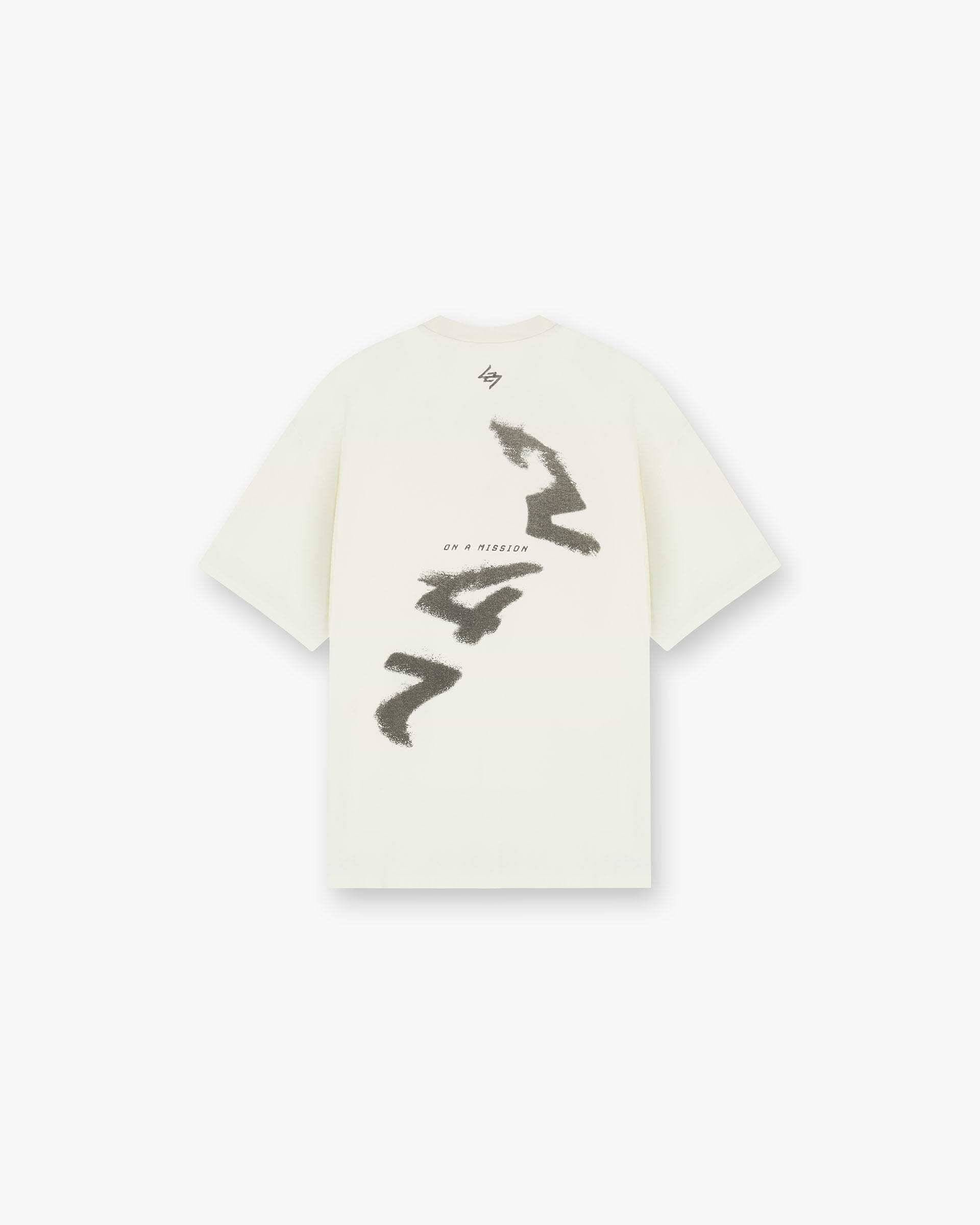 Front product image of a mens white oversized t-shirt on a plain white background | 247 Motion Oversized T-Shirt in Flat White | Oversized t-shirt with soft acid wash and hot fix detail | 247 T-Shirts | Represent Clo