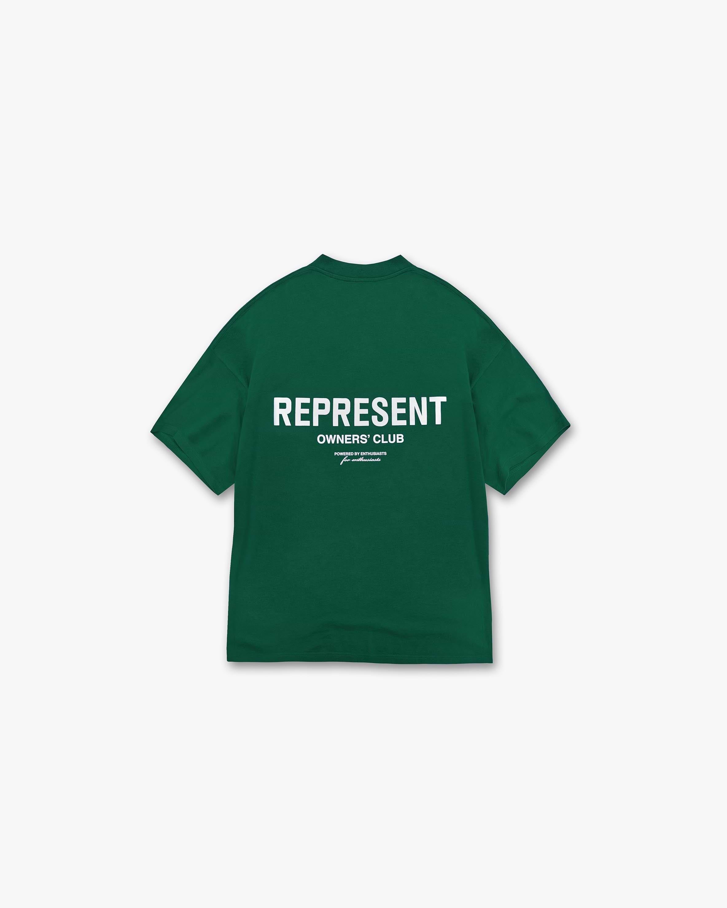 Front product image of a mens green t-shirt on a plain white background | Represent Owners Club T-Shirt in Racing Green | T-shirt with signature logo detailing | Owners Club T-Shirts | Represent Clo