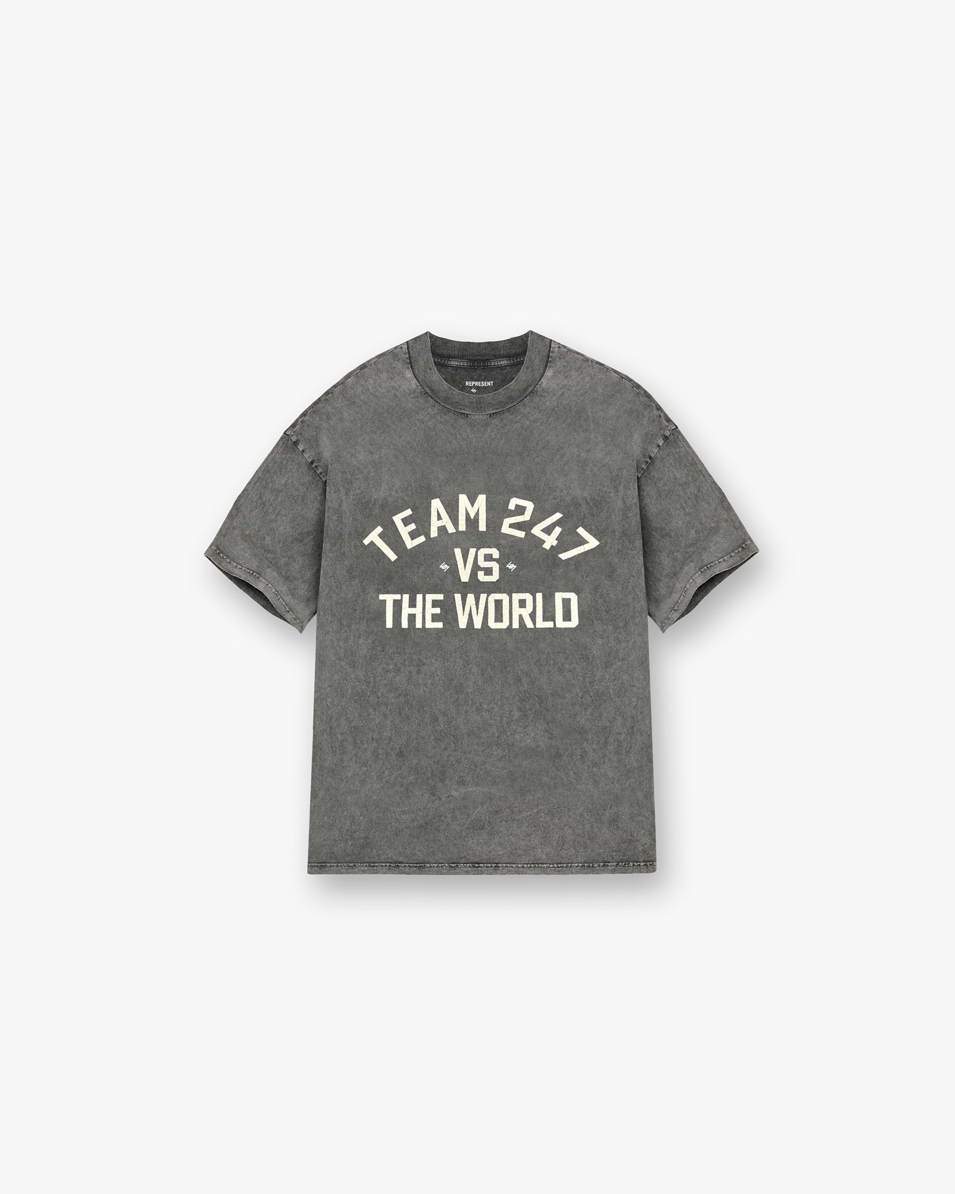 Front product image of a mens grey t-shirt on a plain white background | 247 Vs The World T-Shirt in Pewter | Relaxed fit t-shirt | 247 T-Shirts | Represent Clo