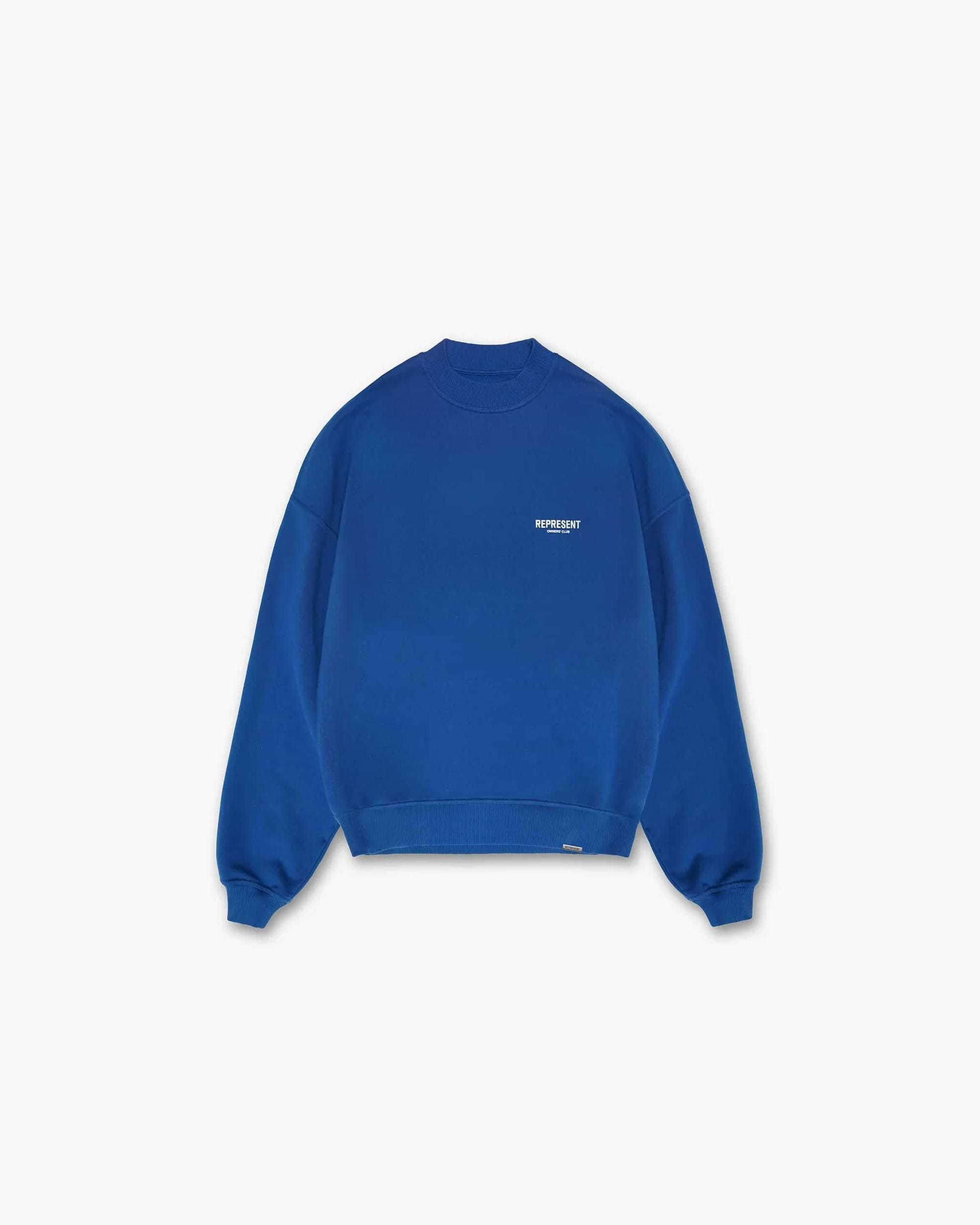 Back product image of a mens blue sweater on a plain white background | Represent Owners Club Sweater in Cobalt | Heavy weight jersey cotton oversized sweater | Owners Club Sweaters | Represent Clo
