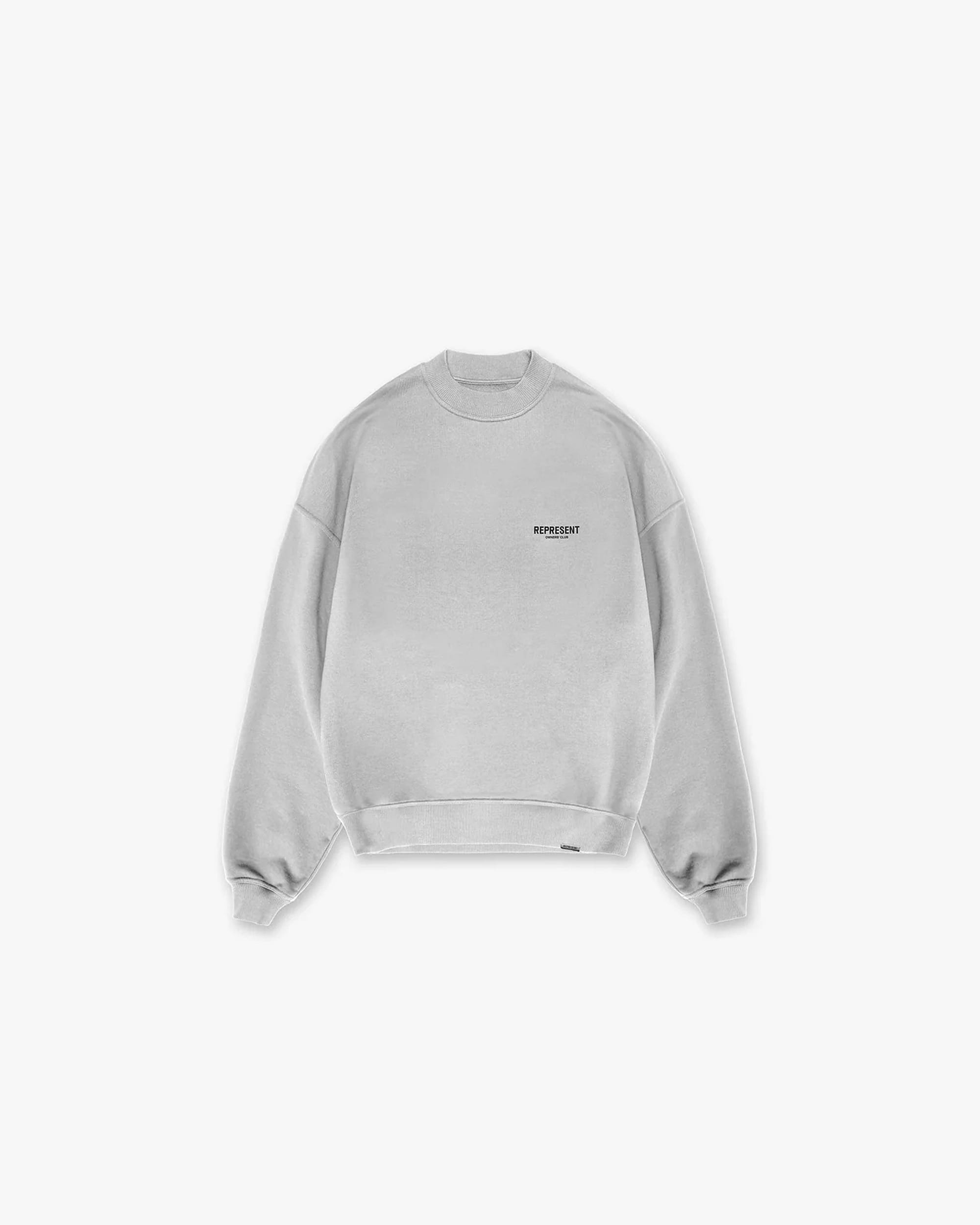 Back product image of a mens grey sweater on a plain white background | Represent Owners Club Sweater in Ash Grey | Oversized crewneck sweater with ribbed trims | Owners Club Sweaters | Represent Clo