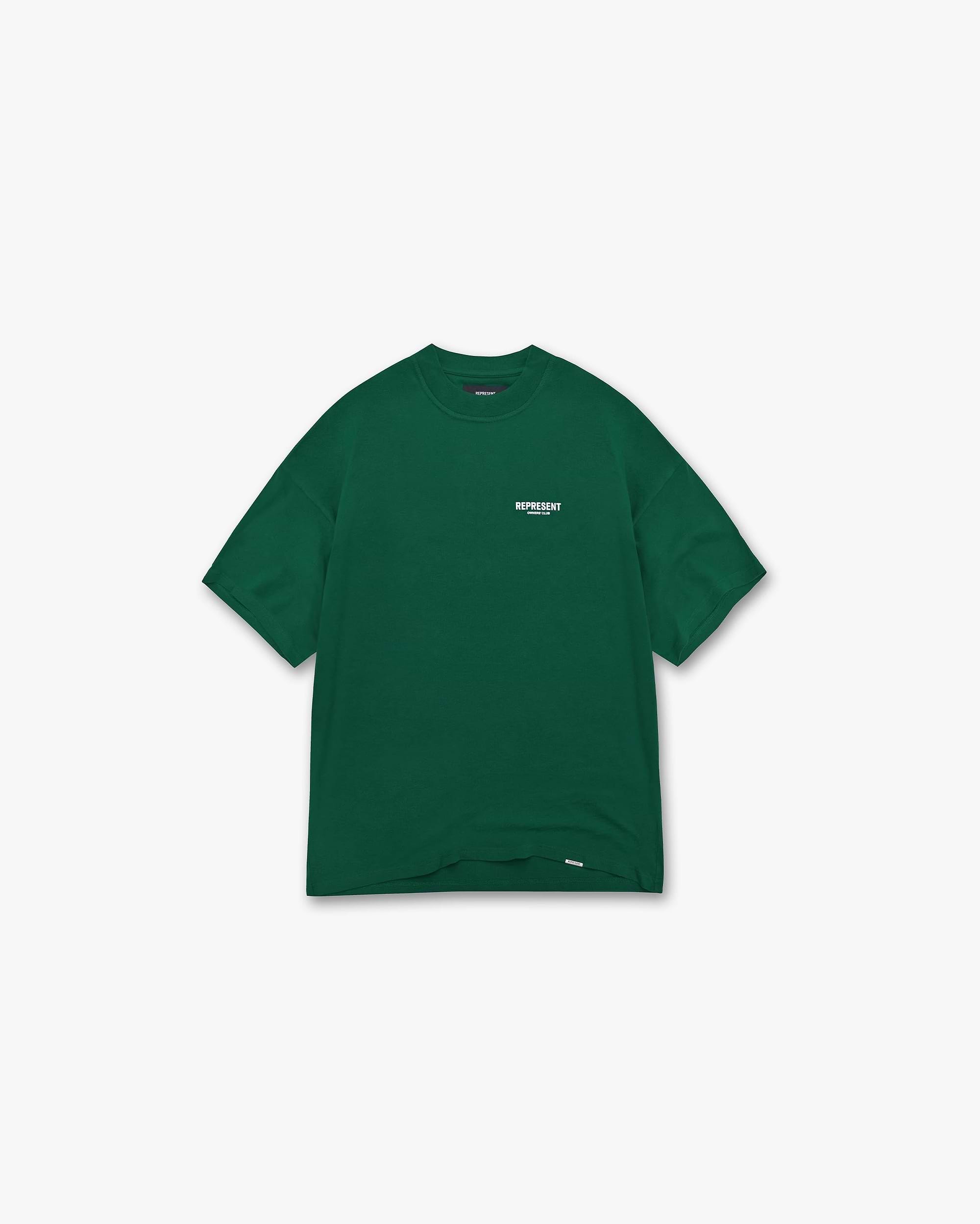 Back product image of a mens green t-shirt on a plain white background | Represent Owners Club T-Shirt in Racing Green | Oversized fit short sleeve t-shirt | Owners Club T-Shirts | Represent Clo