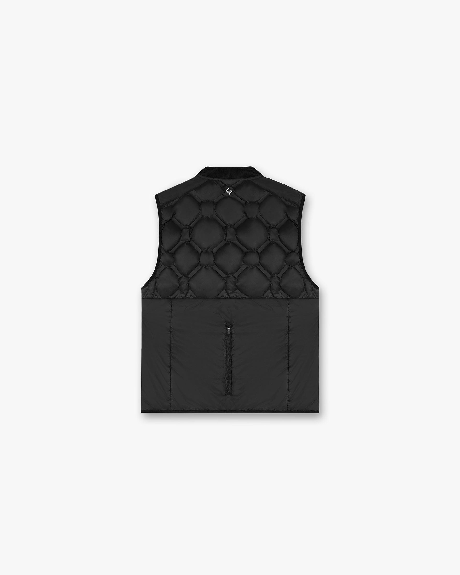 Back product image of a mens black gilet on a plain white background | 247 Lightweight Gilet in Black | Outerwear with mesh ventilation and zip pockets | 247 Outerwear | Represent Clo