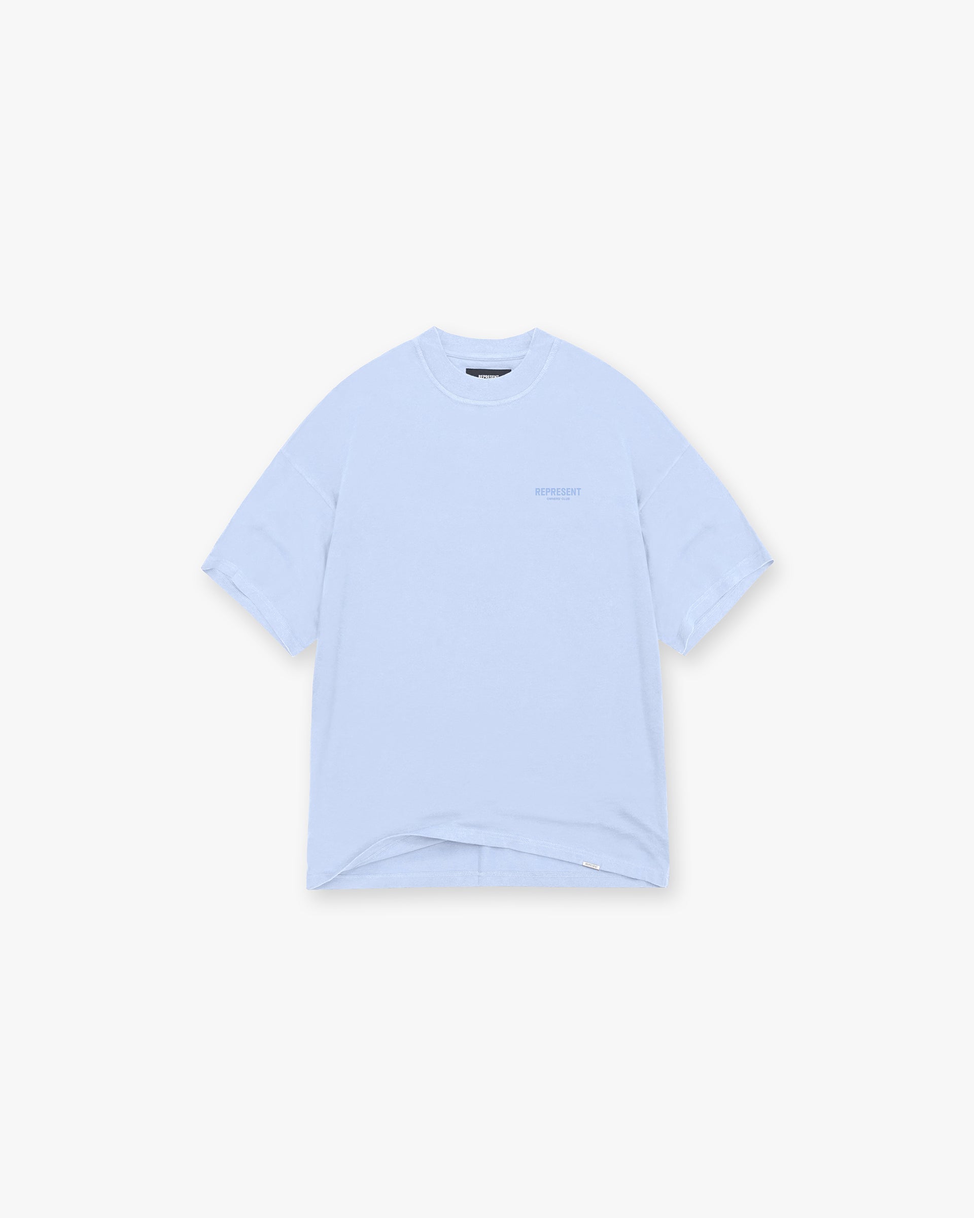 Back product image of a mens blue t-shirt on a plain white background | Represent Owners Club T-Shirt in Vista Blue | Oversized t-shirt with screen printed branding | Owners Club T-Shirts | Represent Clo