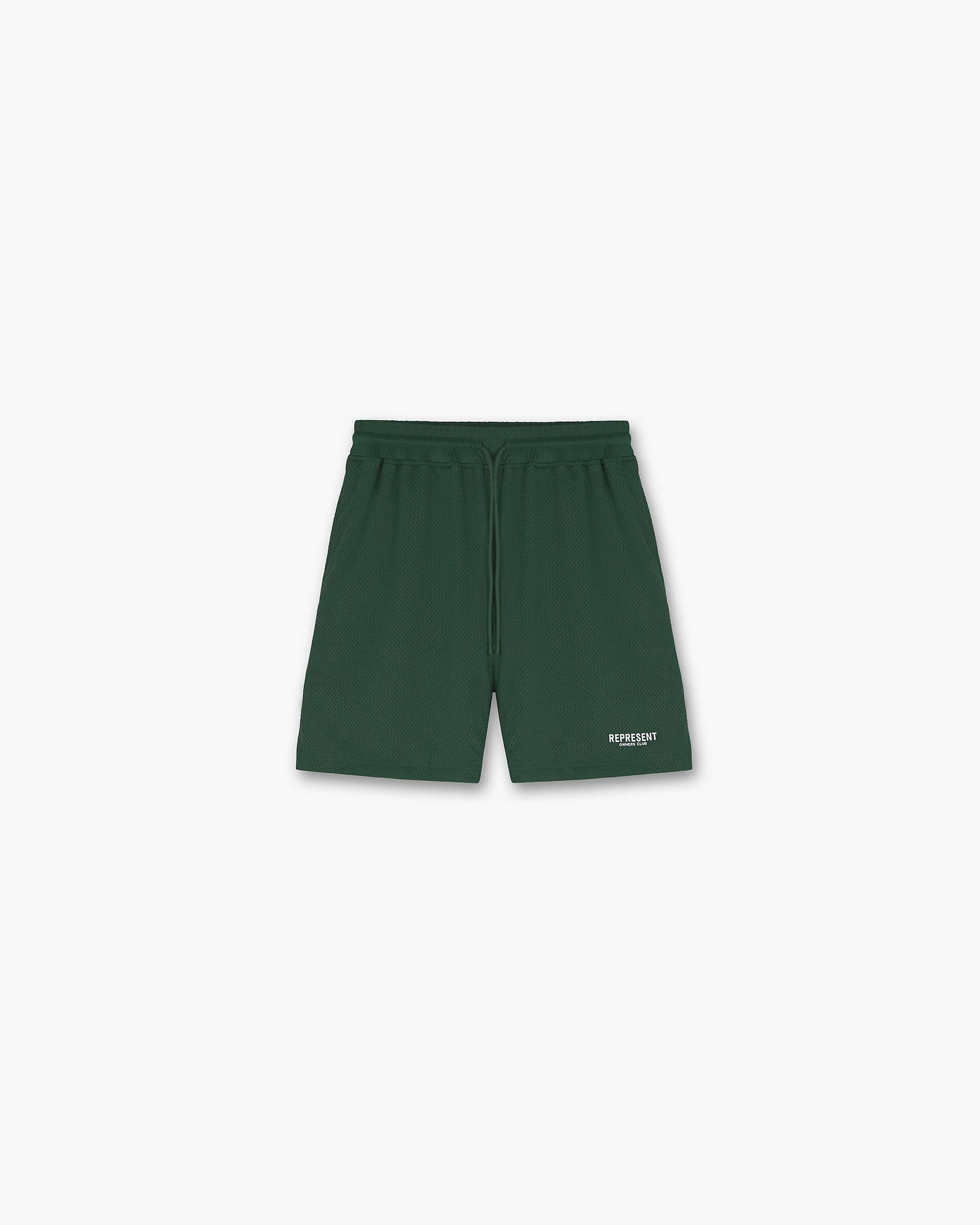 Front product image of mens green shorts on a plain white background | Represent Owners Club Mesh Shorts in Racing Green | Mesh shorts with elasticated waistband | Owners Club Shorts | Represent Clo