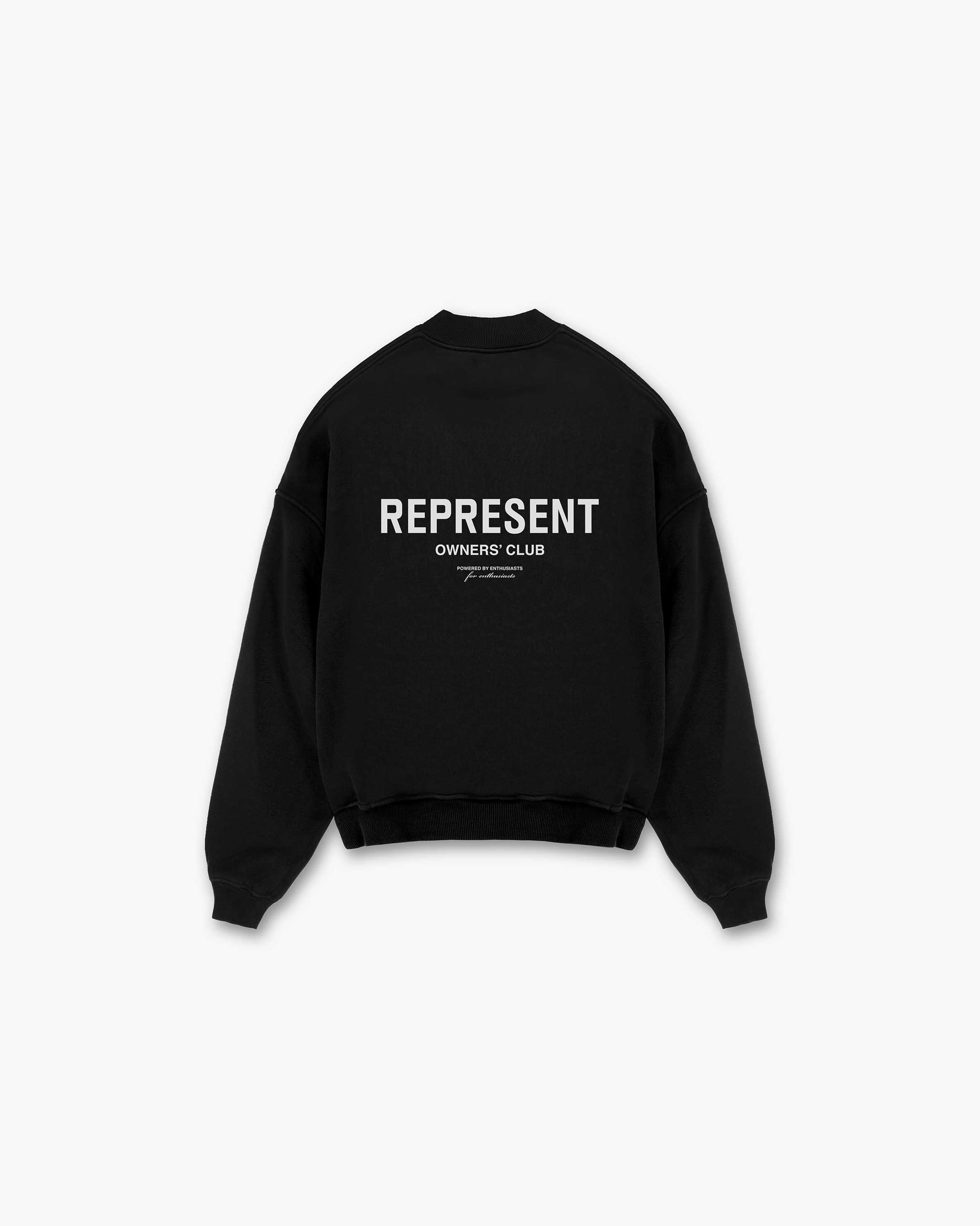 Front product image of a mens black sweater on a plain white background | Represent Owners Club Sweater in Black | Sweater with subtle all over branding | Owners Club Sweaters | Represent Clo