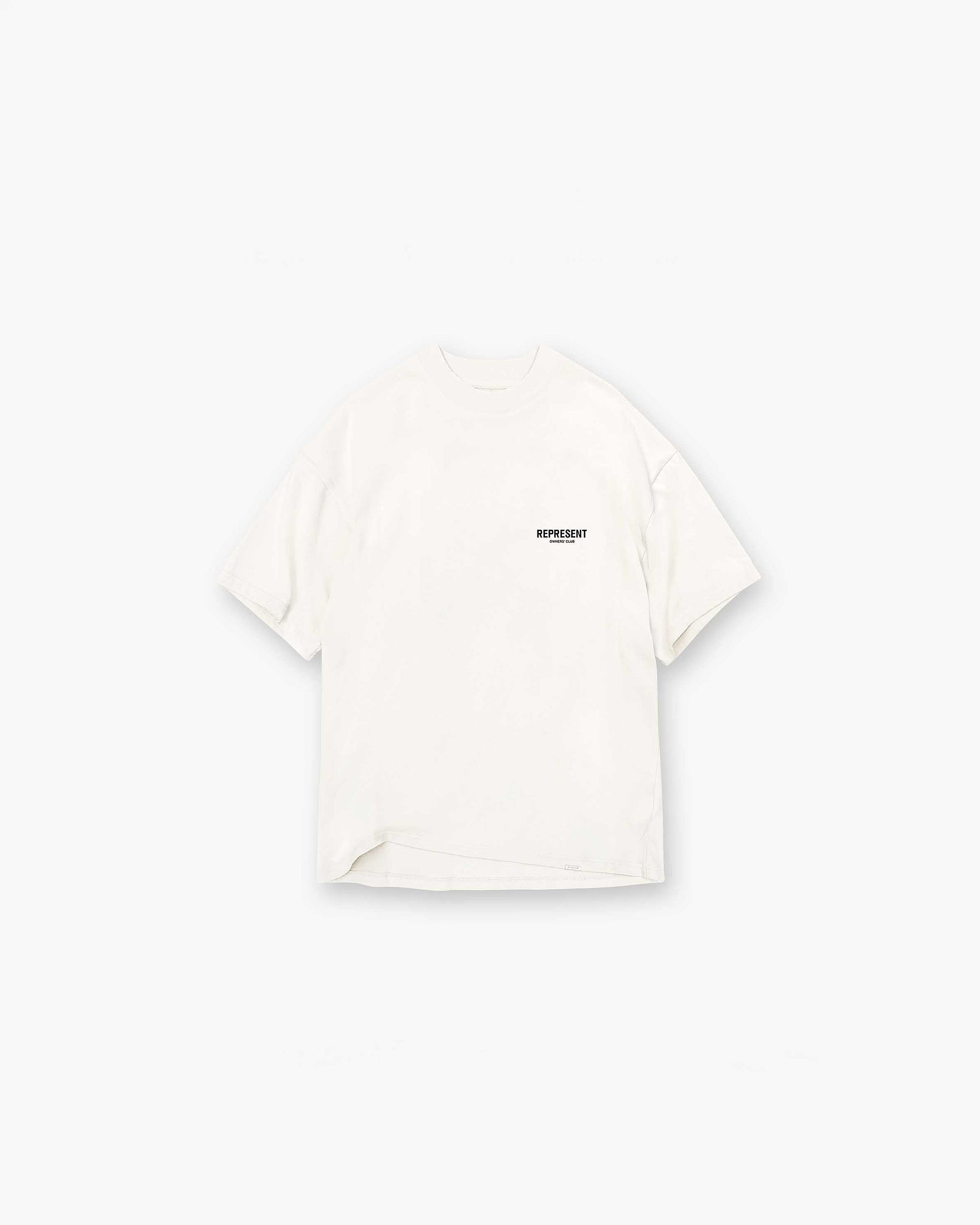 Back product image of a mens white oversized t-shirt on a plain white background | Represent Owners Club T-Shirt in Flat White | Oversized cotton t-shirt with graphic branding | Owners Club T-Shirts | Represent Clo