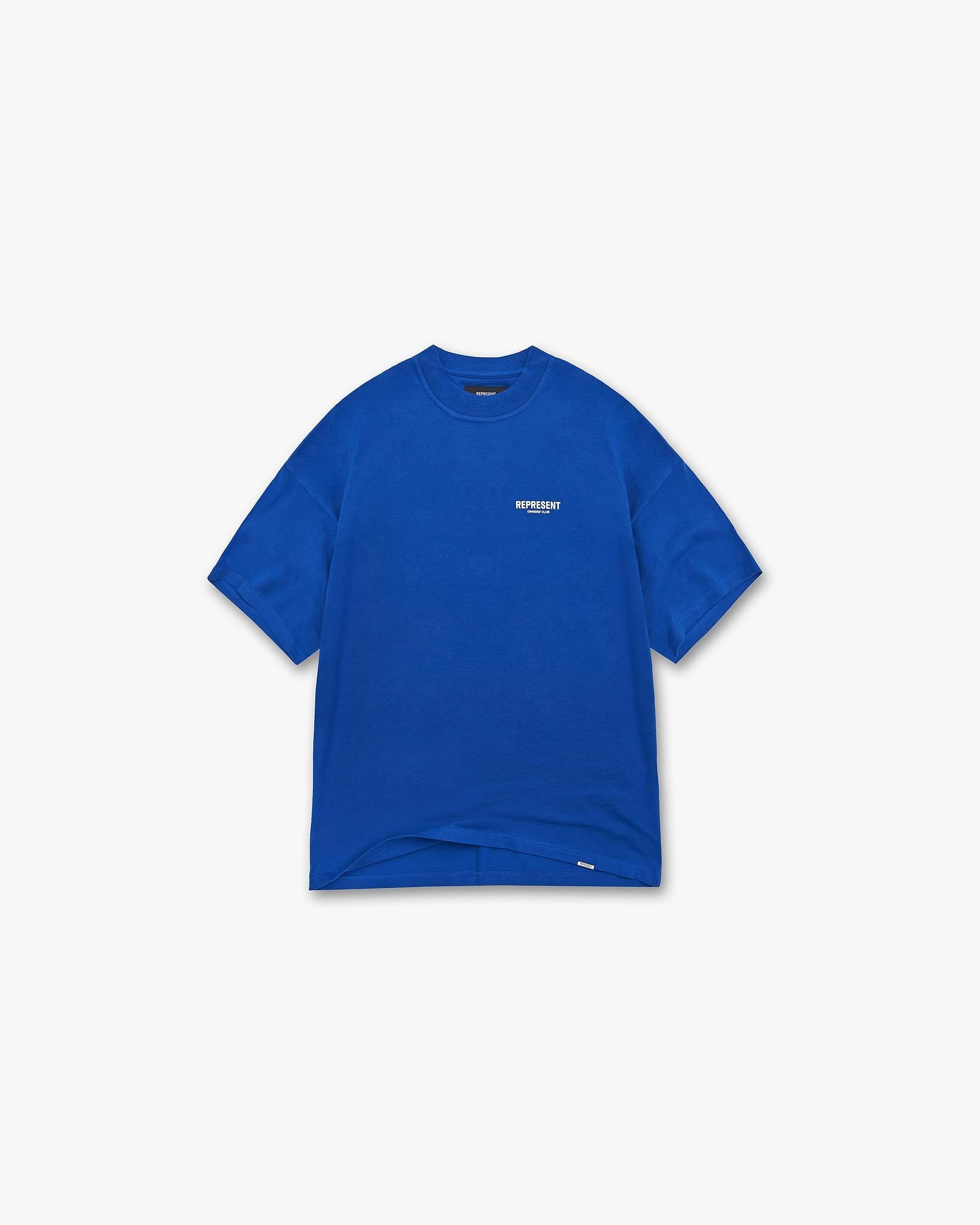 Back product image of a mens blue t-shirt on a plain white background | Represent Owners Club T-Shirt in Cobalt | Short sleeve t-shirt with oversized fit and graphic branding | Owners Club T-Shirts | Represent Clo