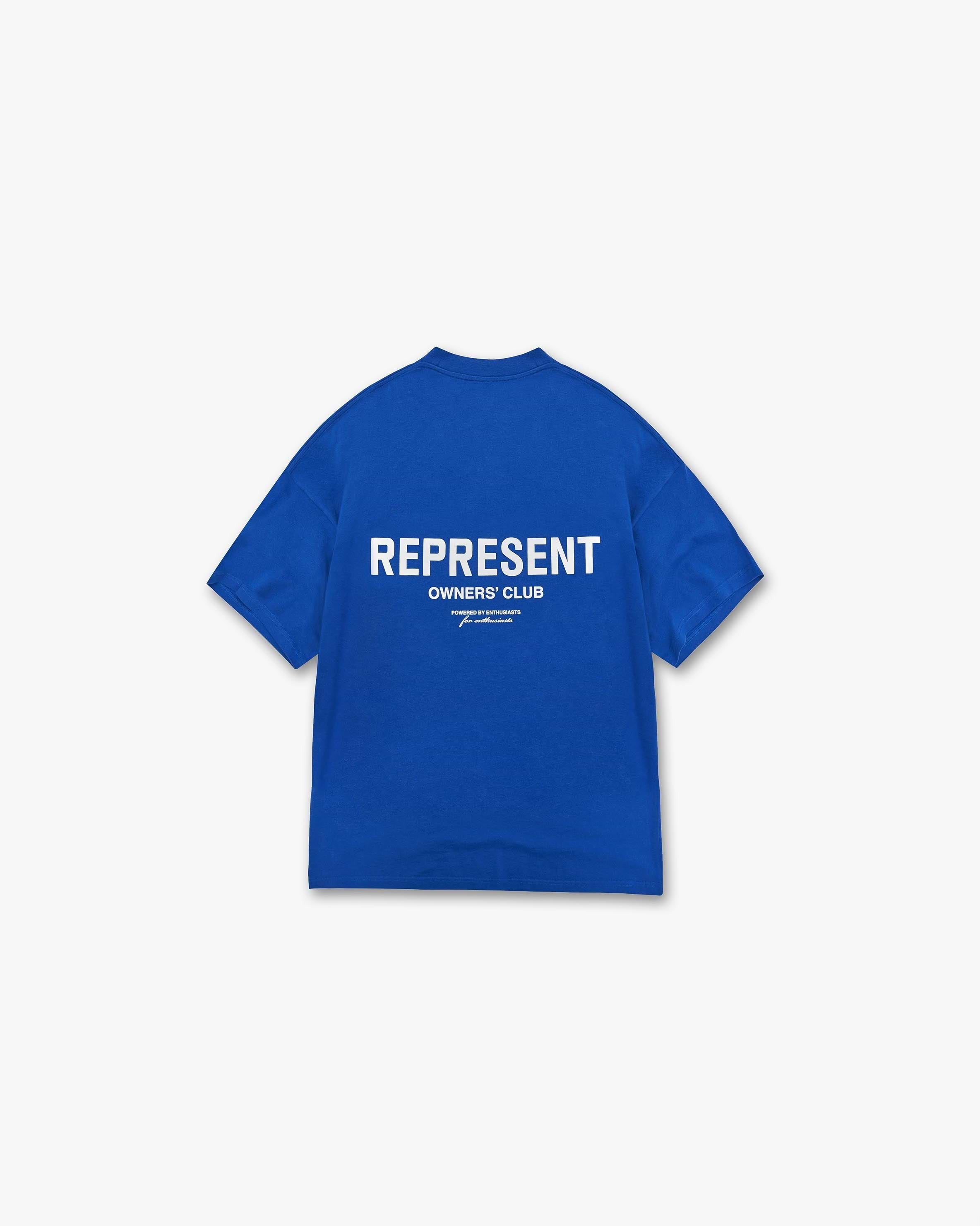 Front product image of a mens blue t-shirt on a plain white background | Represent Owners Club T-Shirt in Cobalt | Crew neck t-shirt with Owners Club logo | Owners Club T-Shirts | Represent Clo