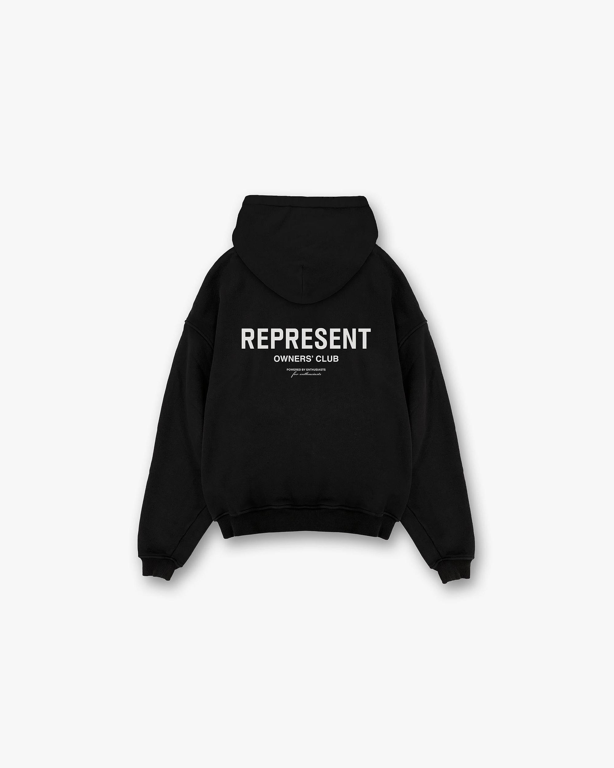 Front product image of a mens black hoodie on a plain white background | Represent Owners Club Hoodie in Black | Slim fit tailored hoodie | Owners Club Hoodies | Represent Clo