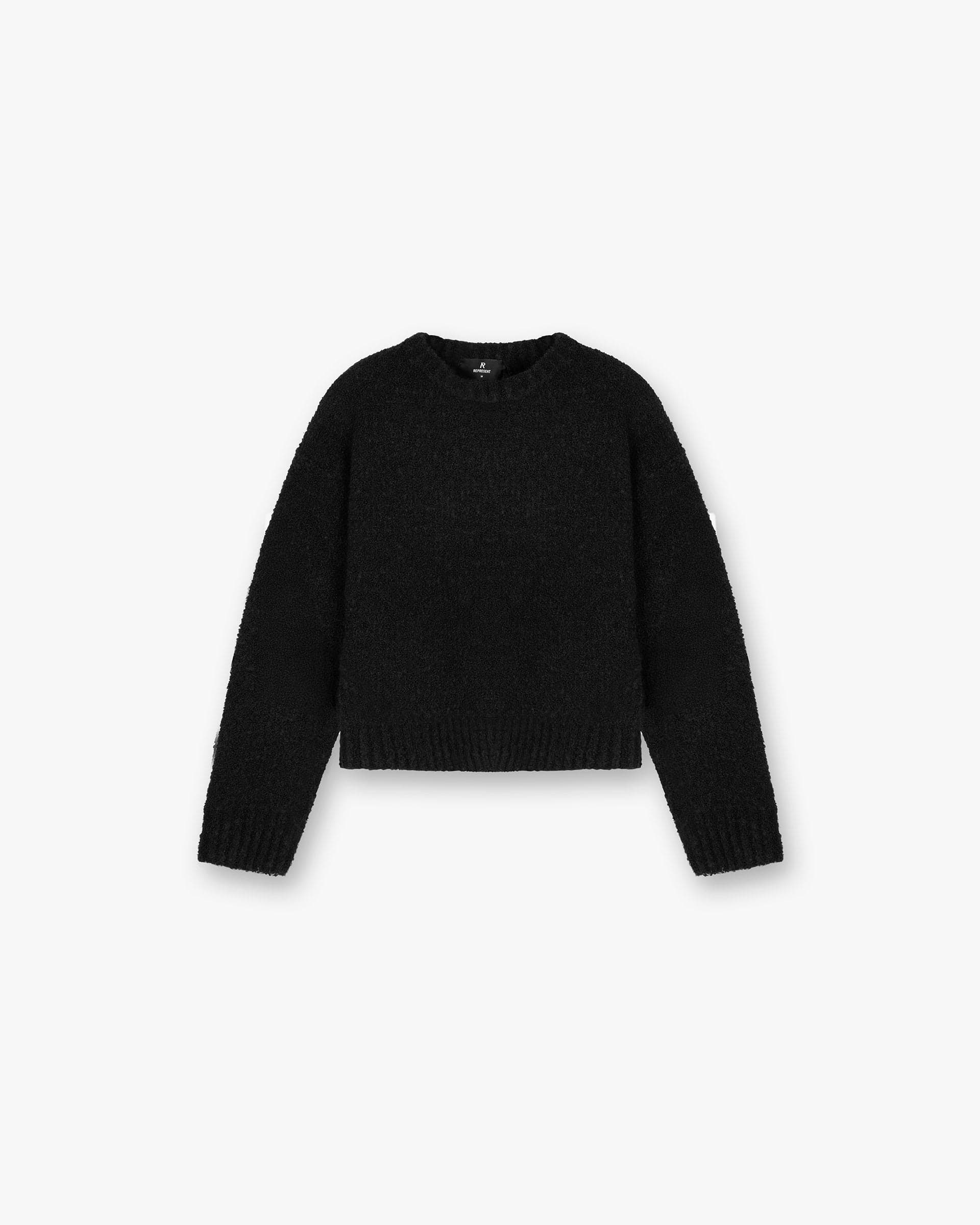 Front product image of a womens black sweater on a plain white background | Spin Sweater in Jet Black | Knitwear with polyester fabric | Womens SS25 Knitwear | Represent Clo