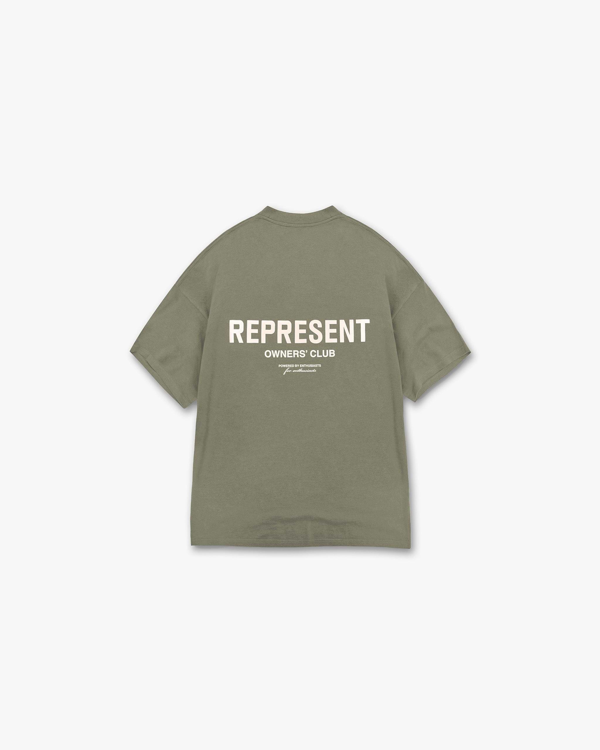 Front product image of a mens olive t-shirt on a plain white background | Represent Owners Club T-Shirt in Olive | Classic fit mens t-shirt | SS23 T-Shirts | Represent Clo