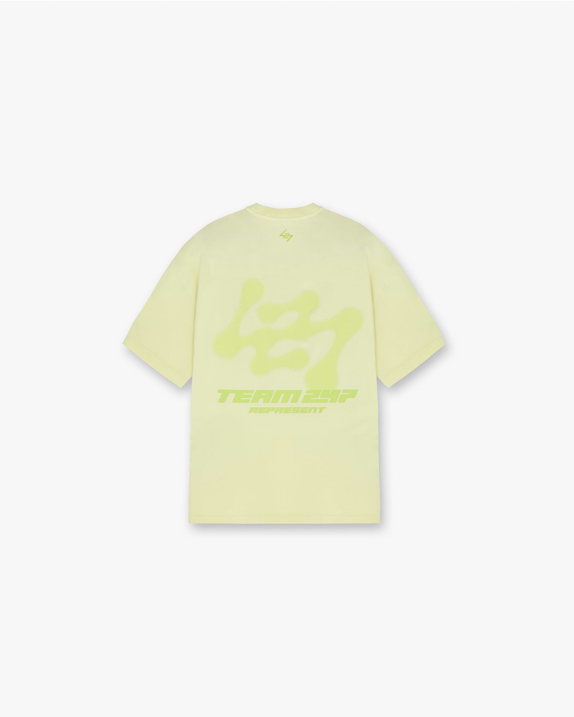 Back product image of a mens lime t-shirt on a plain white background | 247 Future Terrains Oversized T-Shirt in Shadow Lime | Oversized t-shirt with quick drying fabric | 247 T-Shirts | Represent Clo