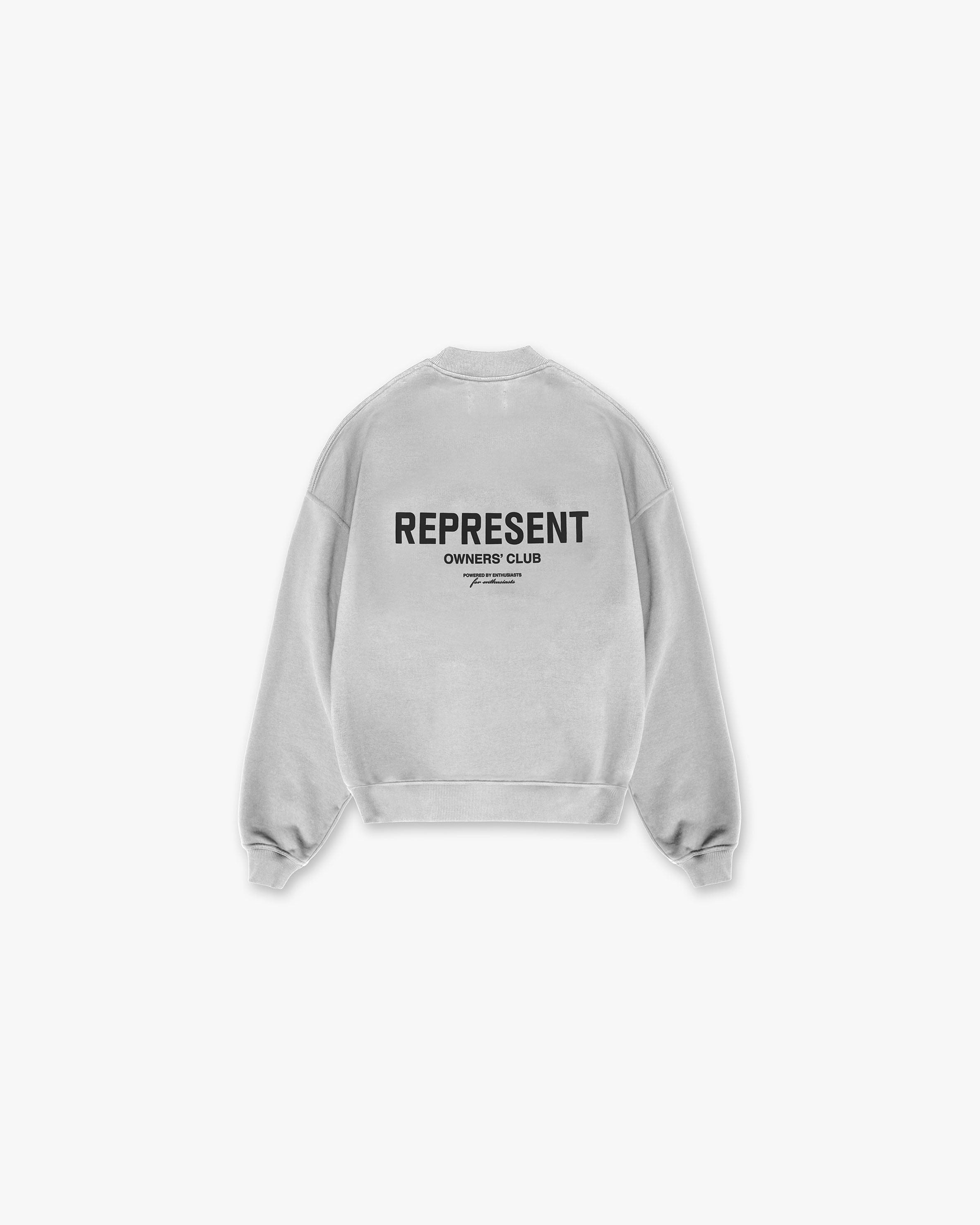 Front product image of a mens grey sweater on a plain white background | Represent Owners Club Sweater in Ash Grey | Classic sweater design | Owners Club Sweaters | Represent Clo
