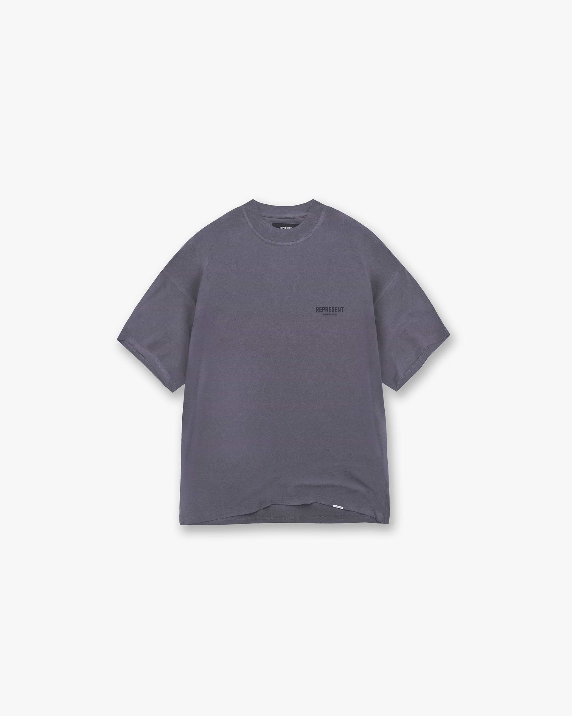 Back product image of a mens grey t-shirt on a plain white background | Represent Owners Club T-Shirt in Storm | T-Shirt with high build rear branding and ribbed crewneck | Owners Club T-Shirts | Represent Clo