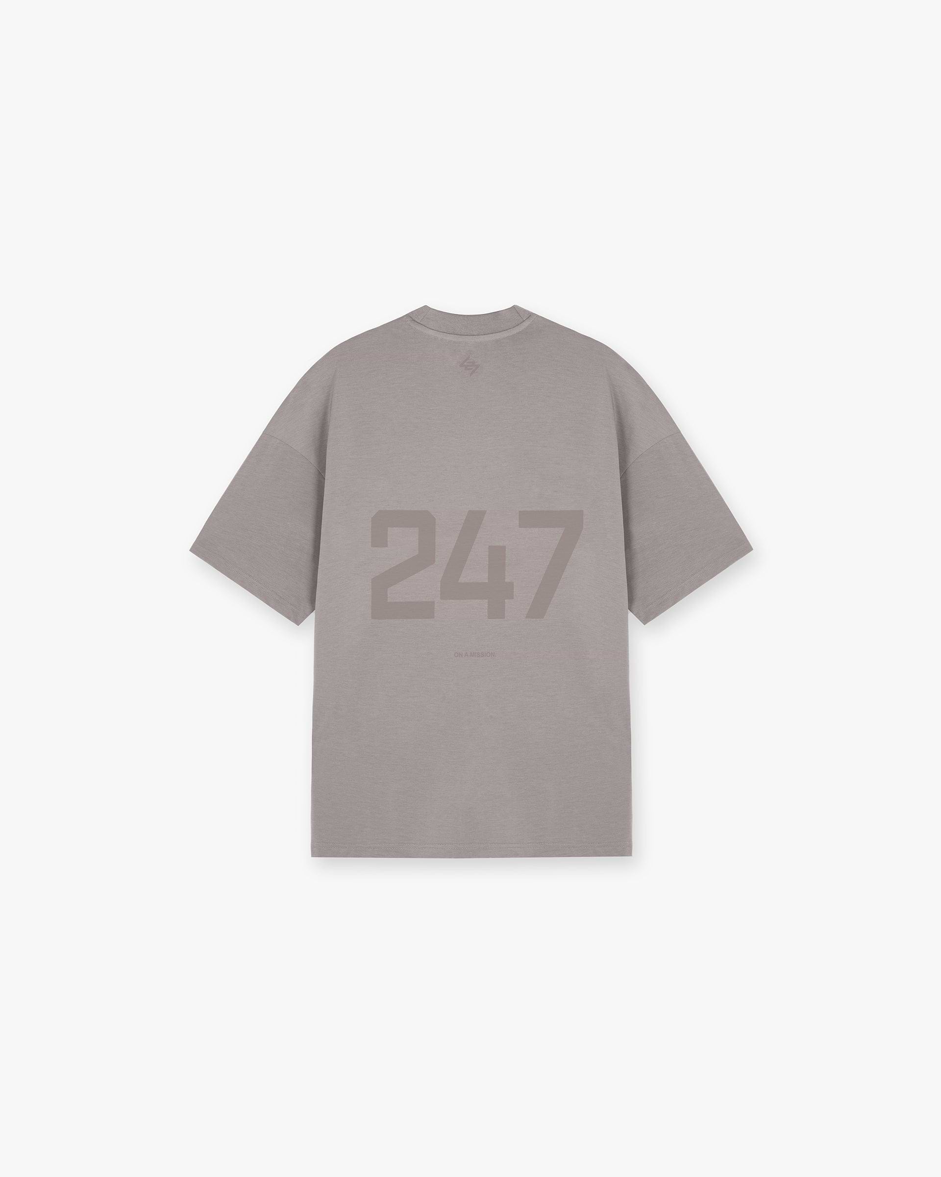 Back product image of a mens grey t-shirt on a plain white background | 247 Oversized T-Shirt in Cinder | Oversized fit lightweight quick-dry gym top | 247 T-Shirts | Represent Clo