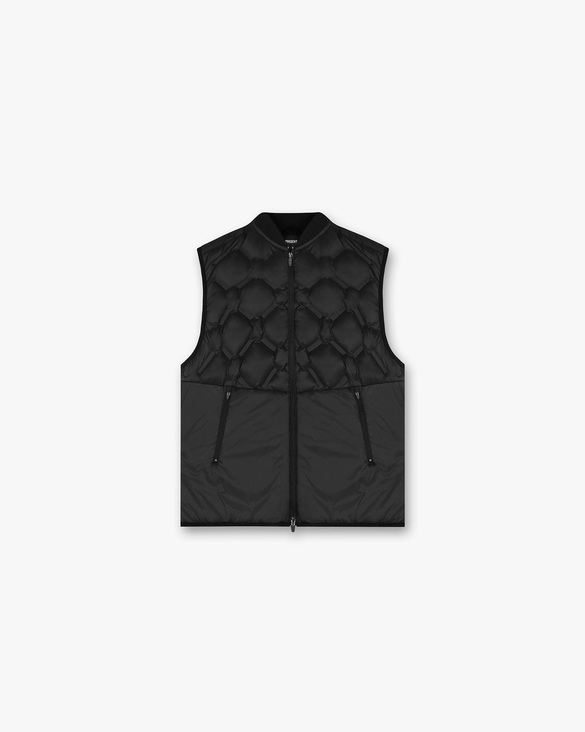 Front product image of a mens black quilted overshirt on a plain white background | 247 Lightweight Gilet in Black | Quilted overshirt with centre front poppers | 247 Outerwear | Represent Clo