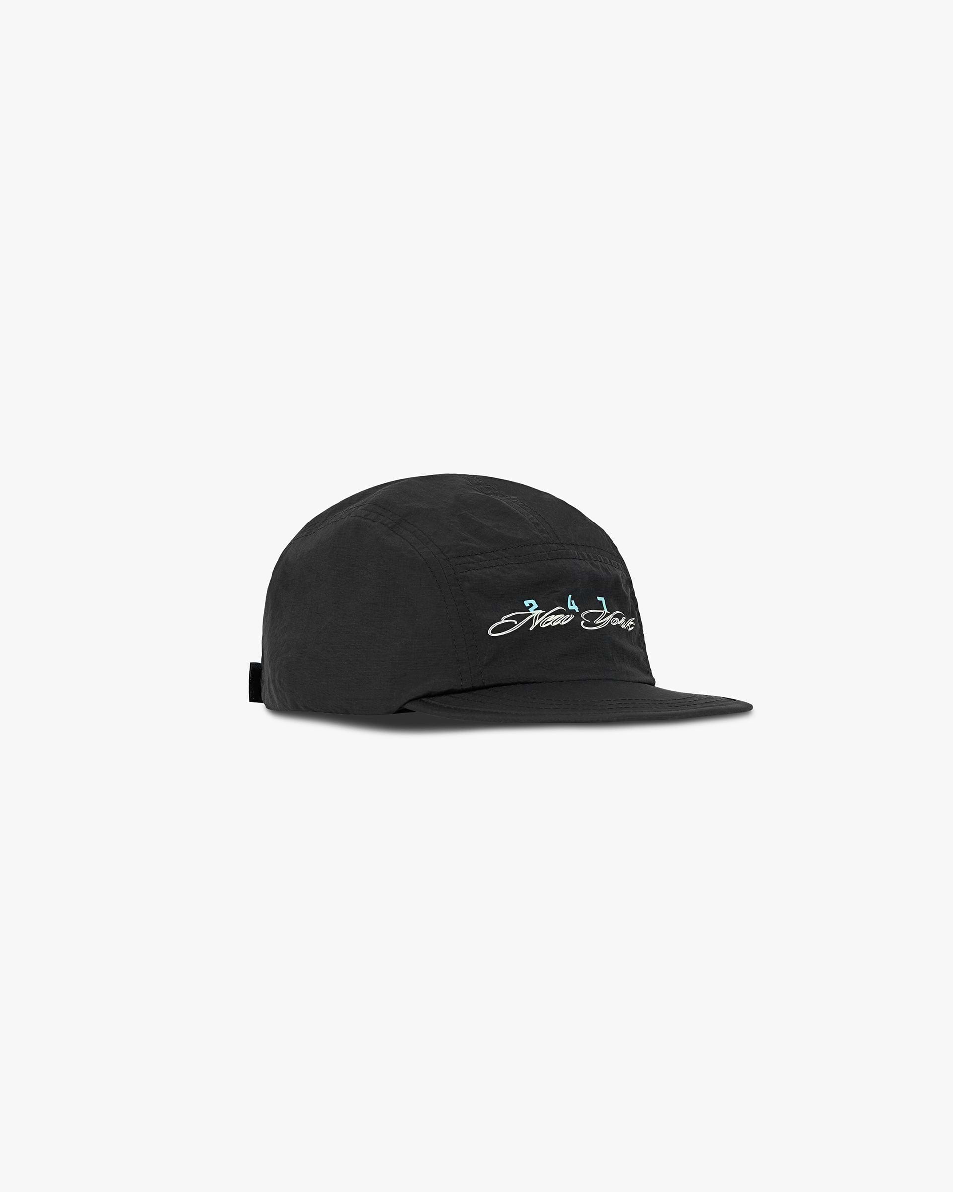 Product image of a mens black cap on a plain white background | 247 New York Cap in Black | Baseball cap with embroidered logo | 247 Accessories | Represent Clo