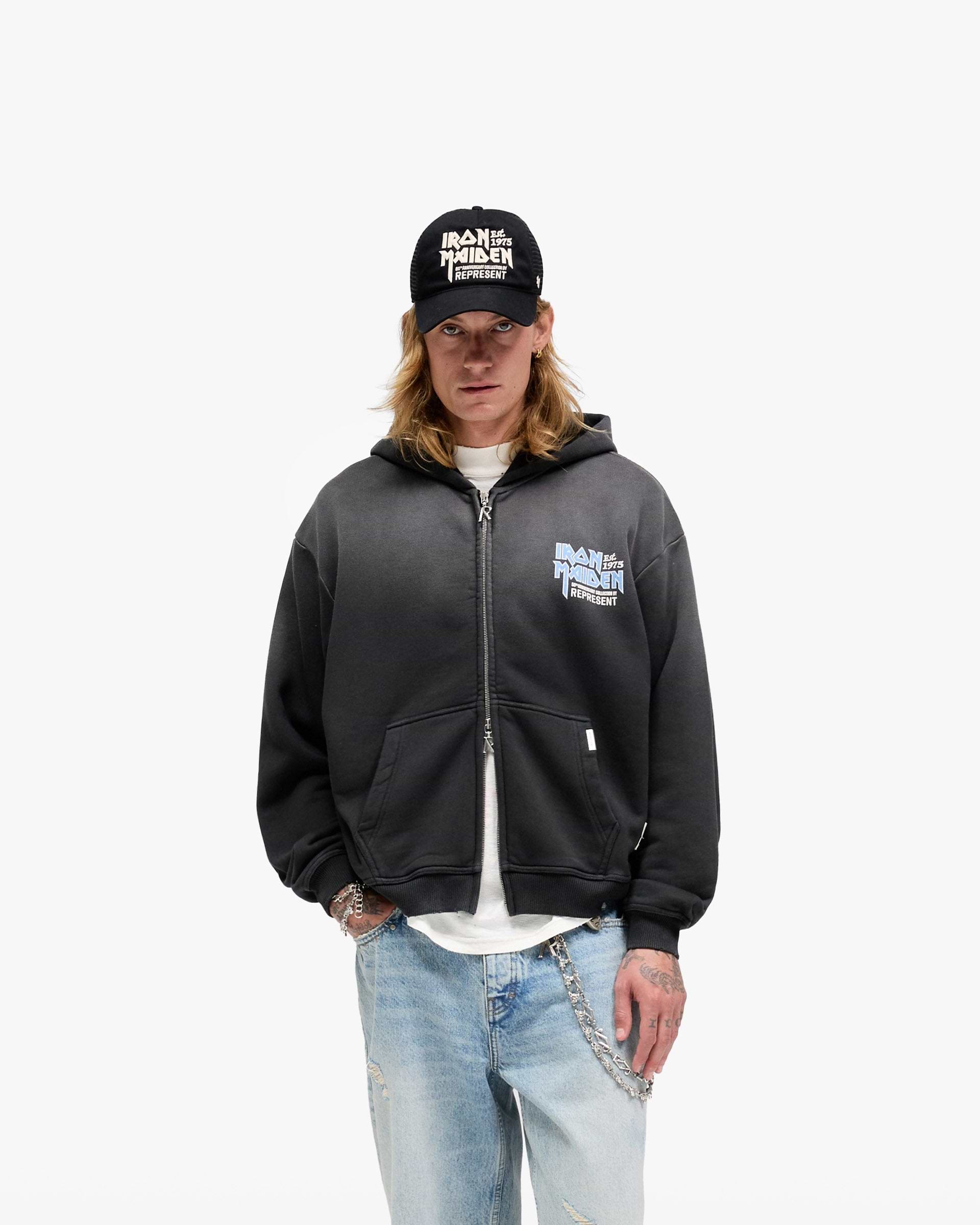 Represent X Iron Maiden Anniversary Zip Through Hoodie - Stained Black
