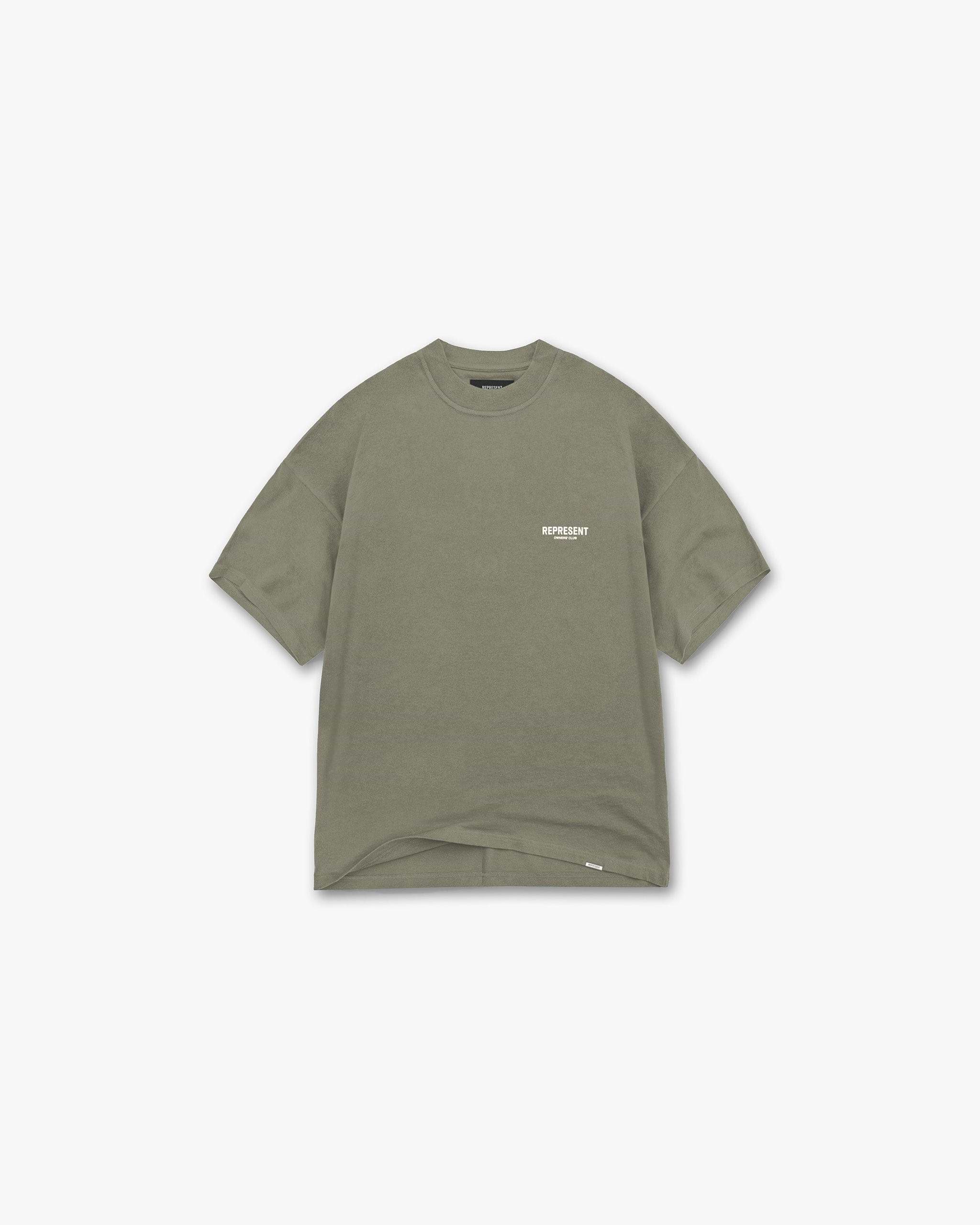 Back product image of a mens olive t-shirt on a plain white background | Represent Owners Club T-Shirt in Olive | Oversized t-shirt with ribbed crewneck | Owners Club T-Shirts | Represent Clo